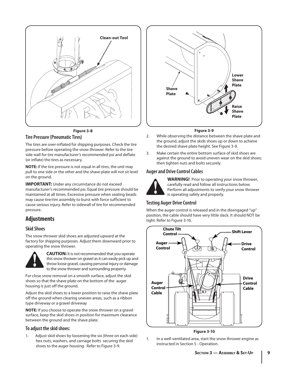 Adjustments, Auger and drive control cables, Testing auger drive control | Tire pressure (pneumatic tires), Skid shoes | Cub Cadet WO STAGE SNOW THROWER 930 SWE User Manual | Page 9 / 28