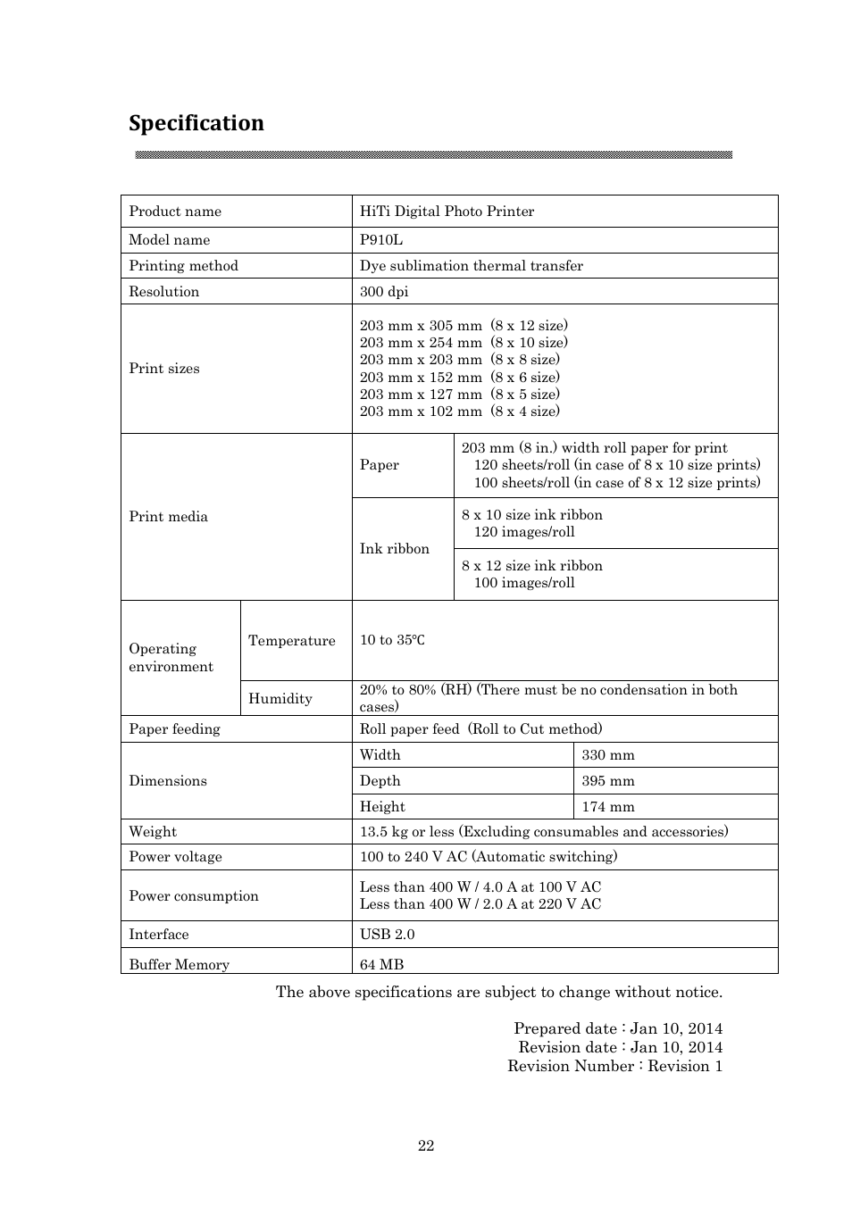 Specification | HiTi P910L User Manual User Manual | Page 25 / 25