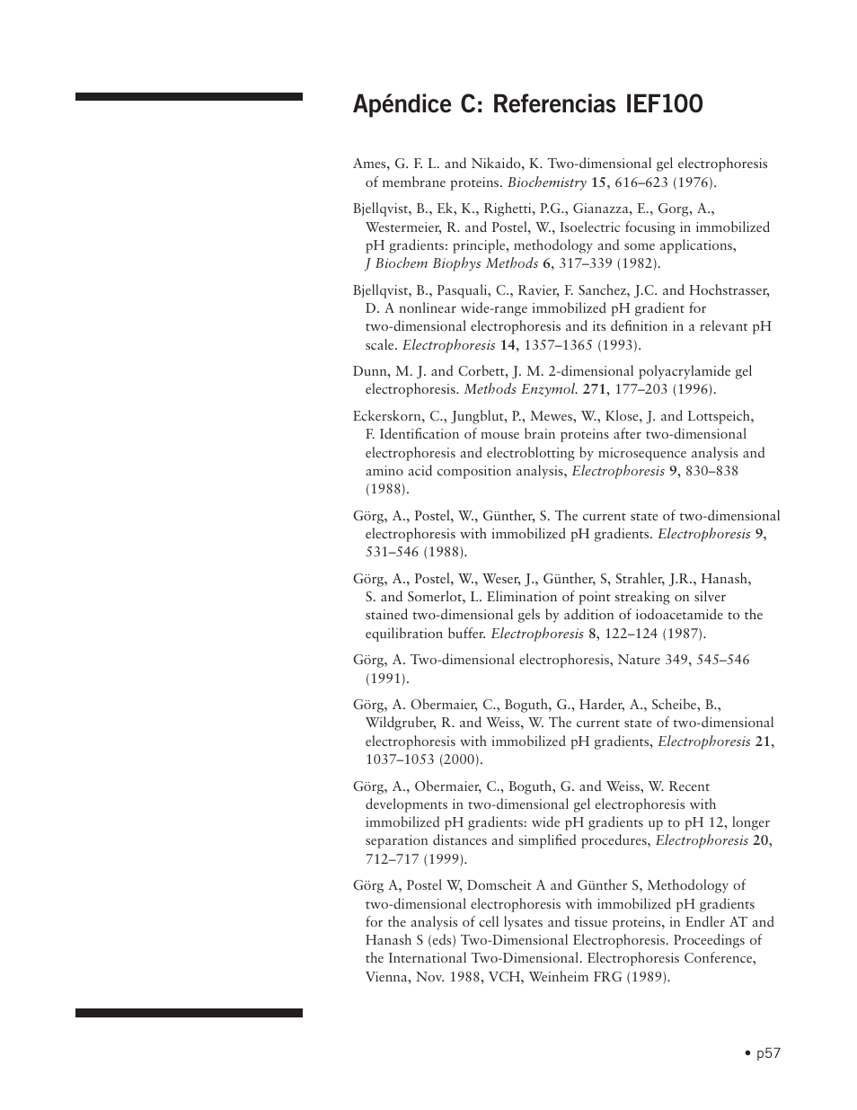 Apéndice c: referencias ief100 | Hoefer IEF100 User Manual | Page 63 / 65