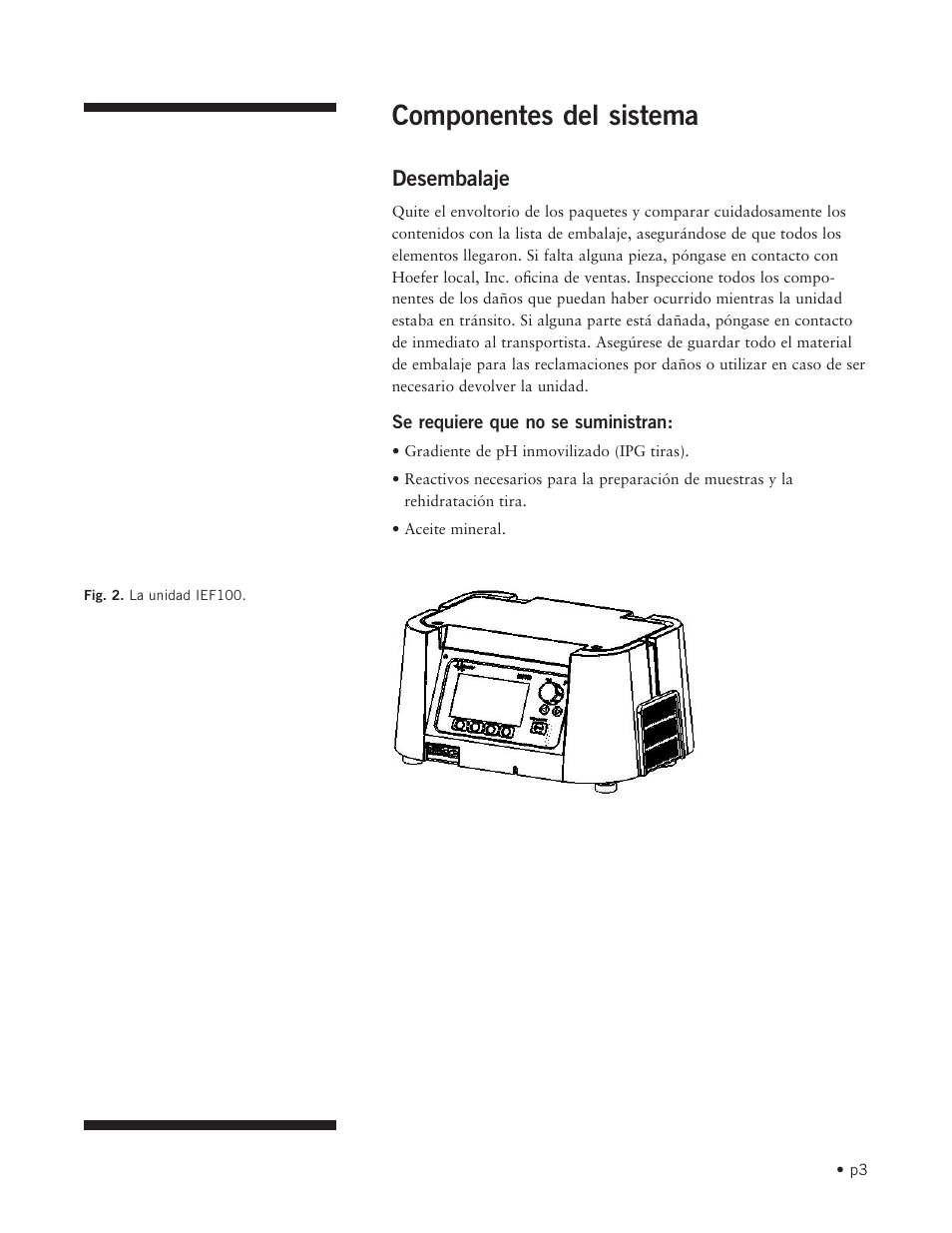 Componentes del sistema, Desembalaje | Hoefer IEF100 User Manual | Page 9 / 65