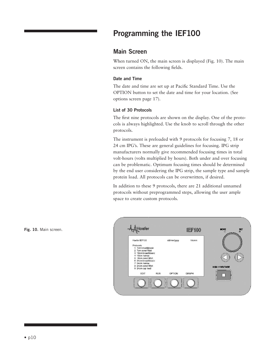 Programming the ief100, Main screen | Hoefer IEF100 User Manual | Page 16 / 65