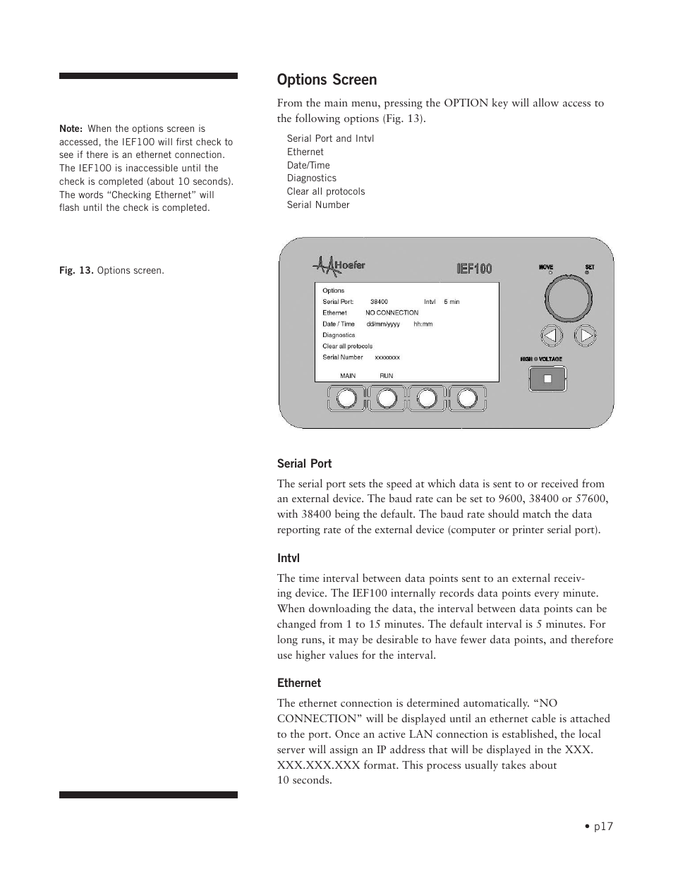 Options screen | Hoefer IEF100 User Manual | Page 23 / 65