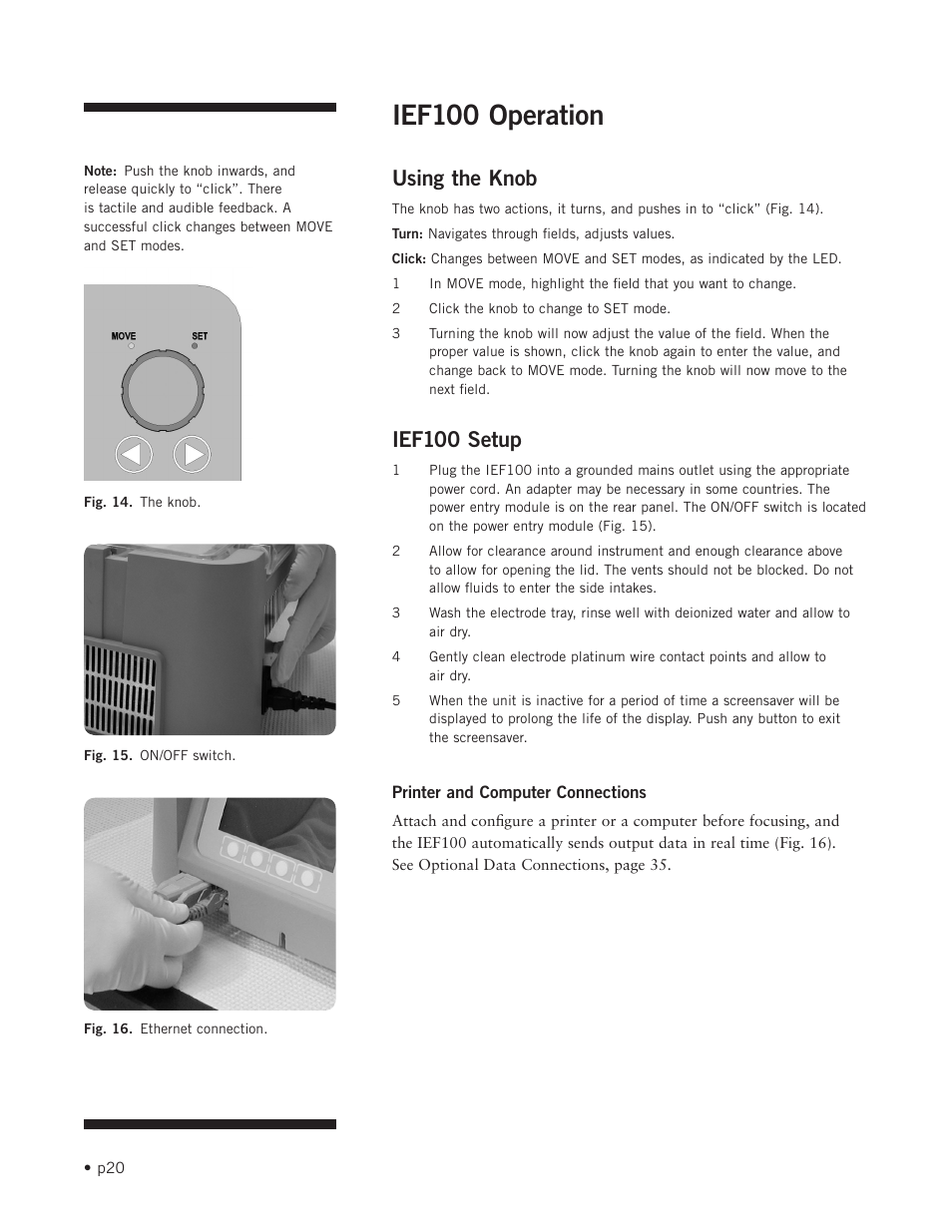 Ief100 operation, Using the knob, Ief100 setup | Hoefer IEF100 User Manual | Page 26 / 65