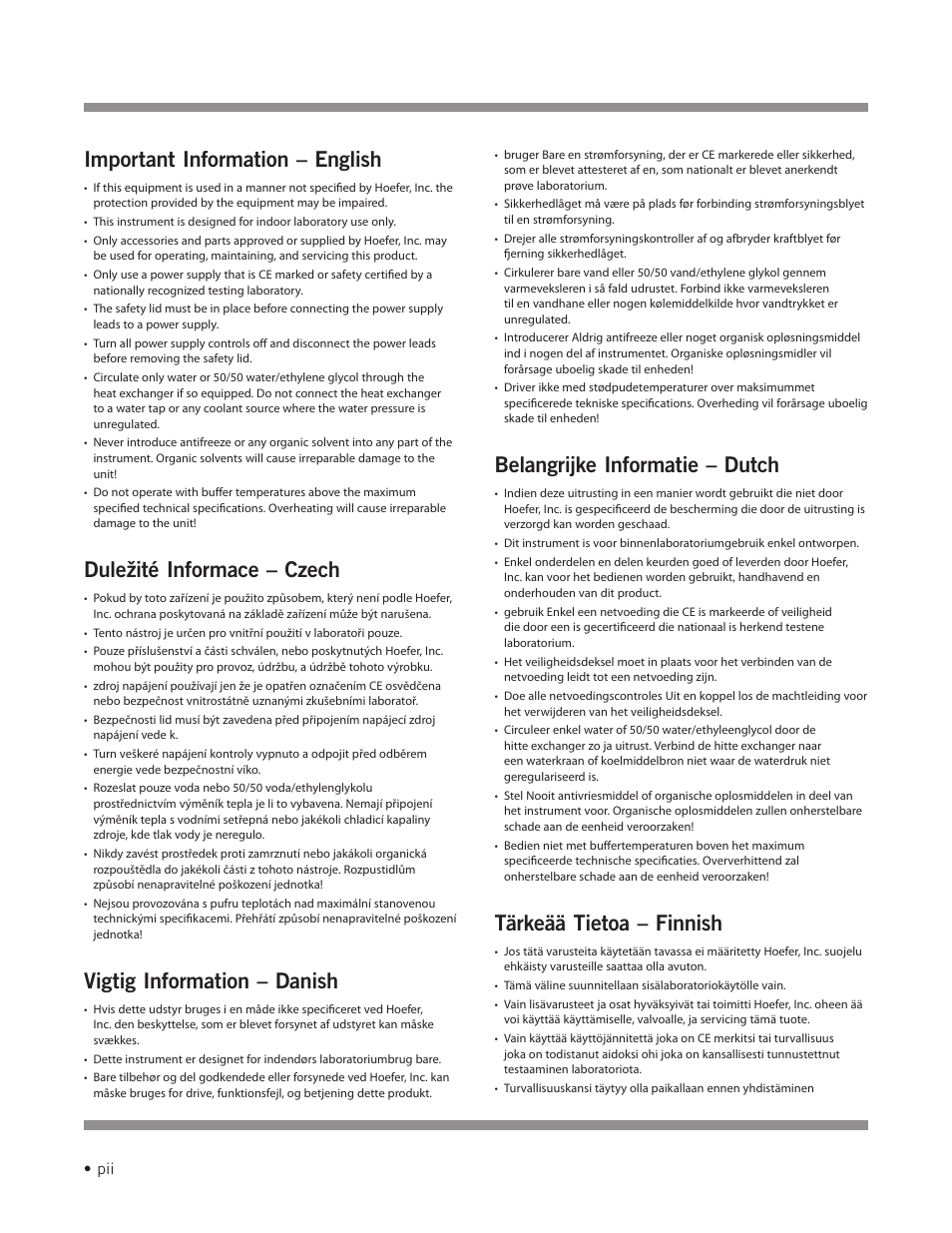 Important information – english, Duležité informace – czech, Vigtig information – danish | Belangrijke informatie – dutch, Tärkeää tietoa – finnish | Hoefer IEF100 User Manual | Page 3 / 65