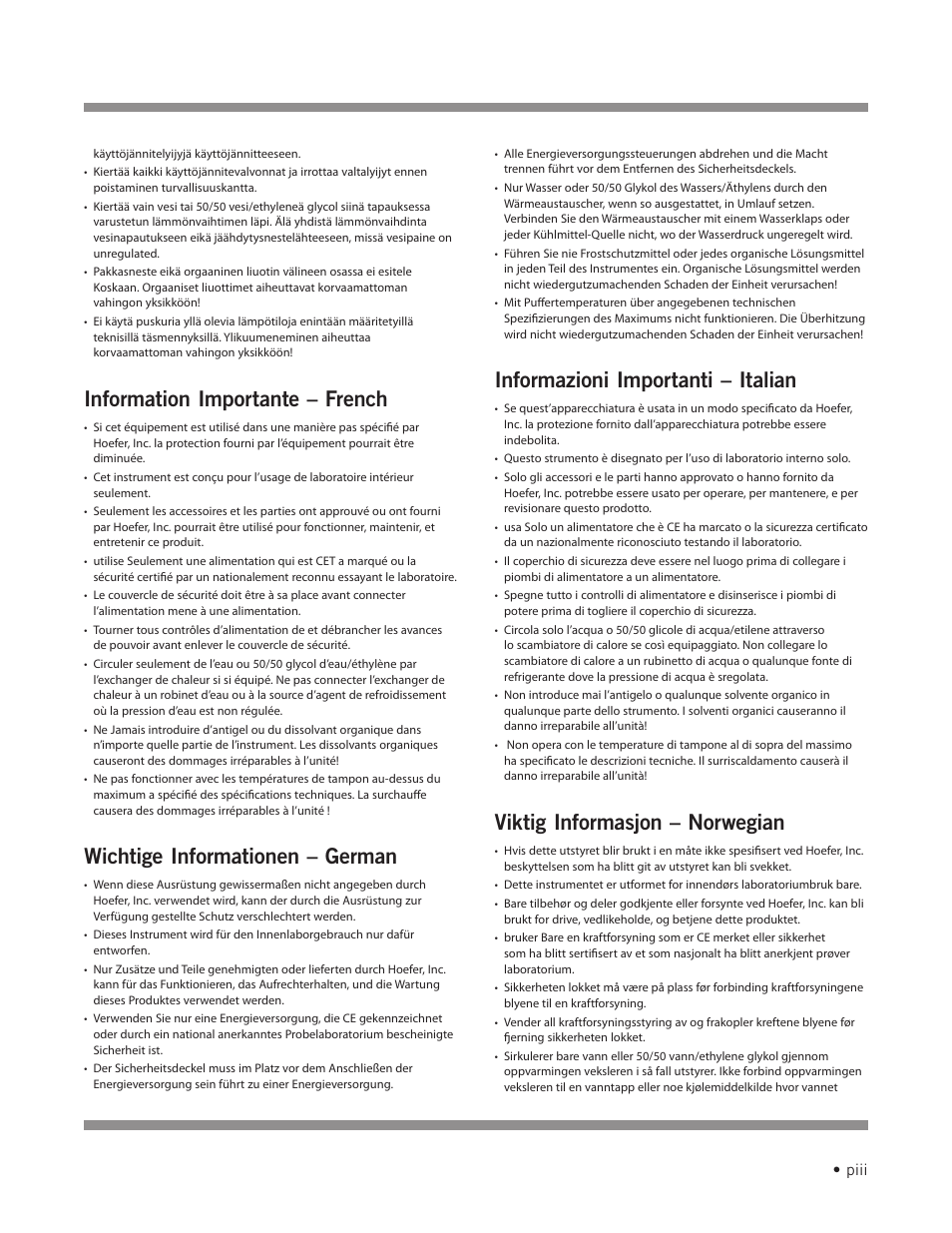 Information importante – french, Wichtige informationen – german, Informazioni importanti – italian | Viktig informasjon – norwegian | Hoefer IEF100 User Manual | Page 4 / 65