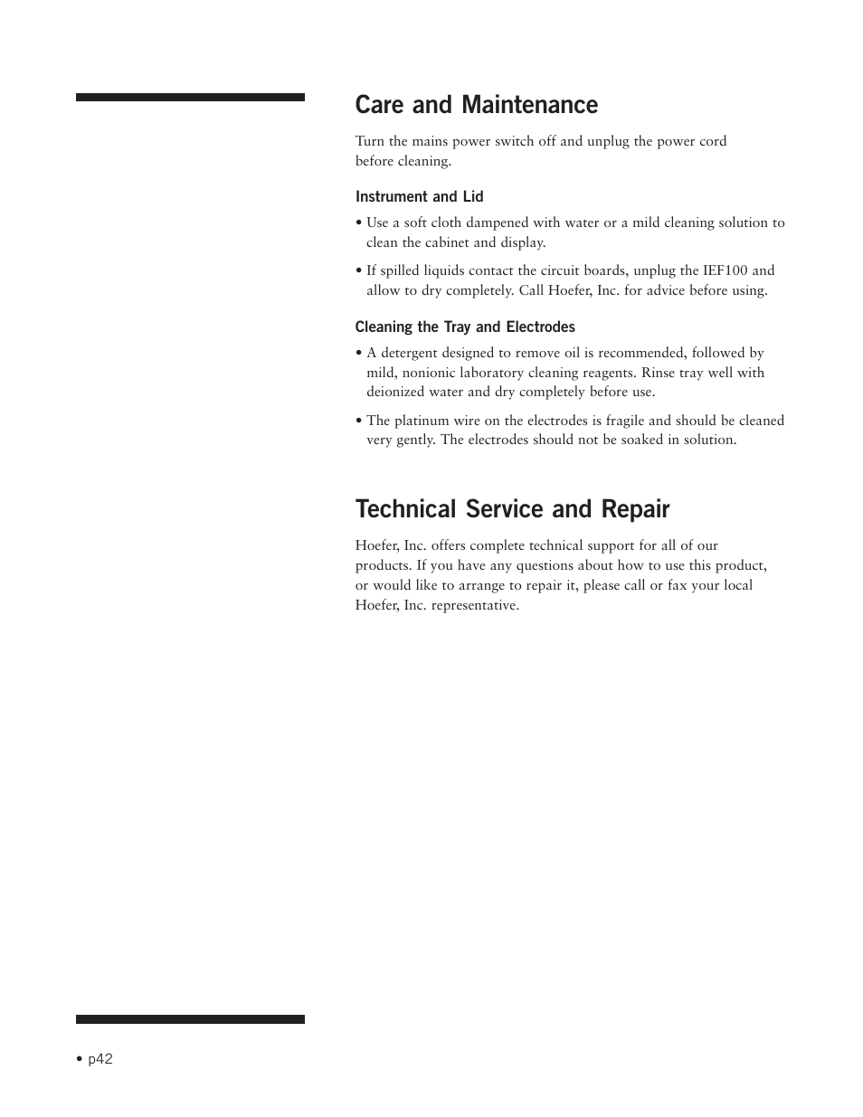 Care and maintenance, Technical service and repair | Hoefer IEF100 User Manual | Page 48 / 65