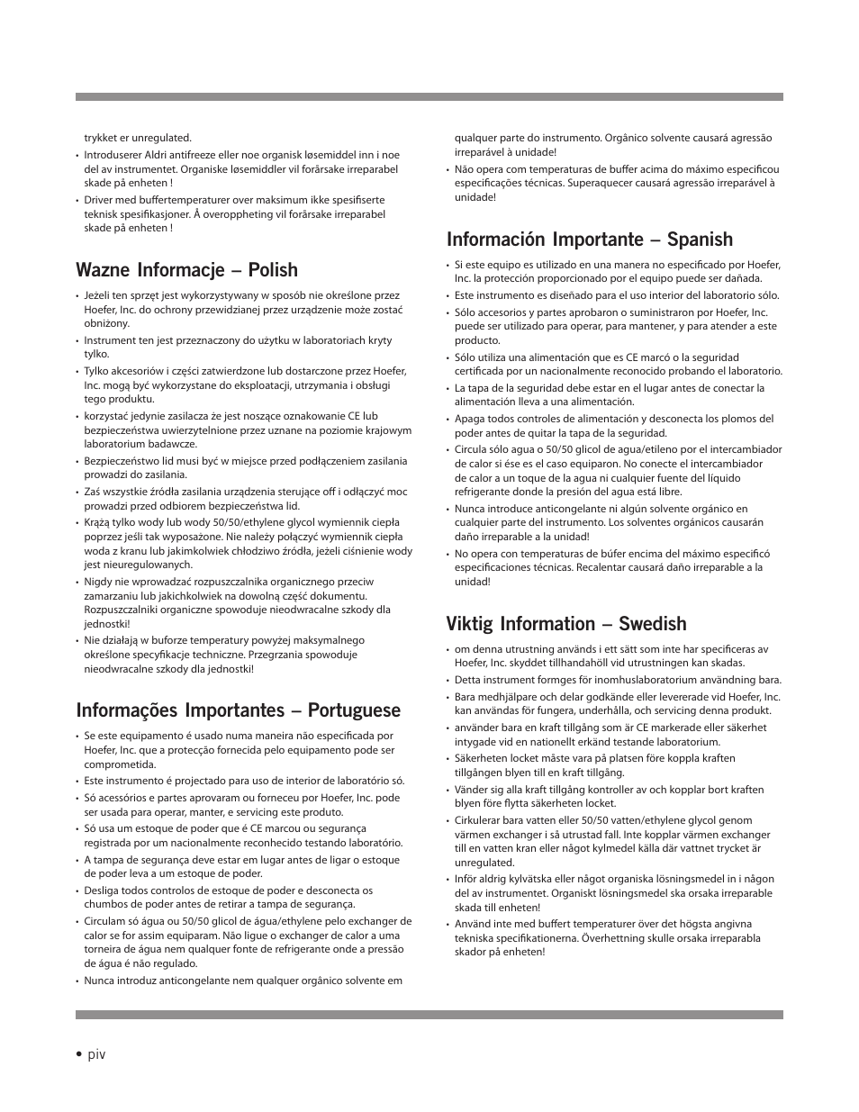 Wazne informacje – polish, Informações importantes – portuguese, Información importante – spanish | Viktig information – swedish | Hoefer IEF100 User Manual | Page 5 / 65