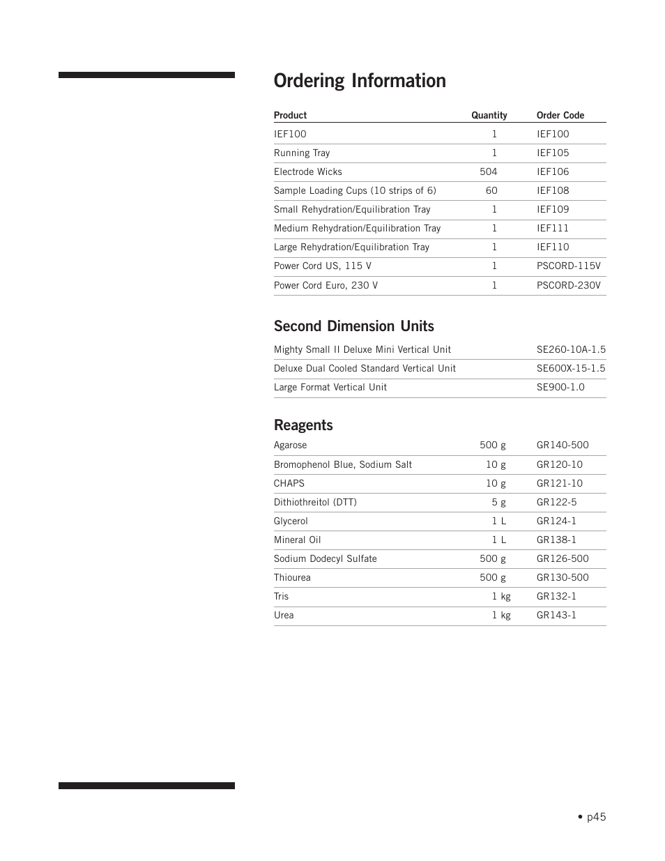 Ordering information, Second dimension units, Reagents | Hoefer IEF100 User Manual | Page 51 / 65