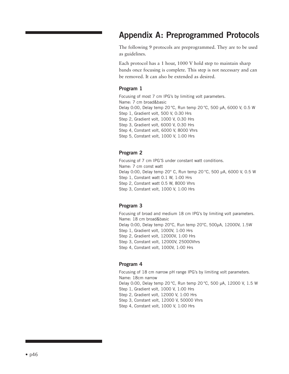 Appendix a: preprogrammed protocols | Hoefer IEF100 User Manual | Page 52 / 65