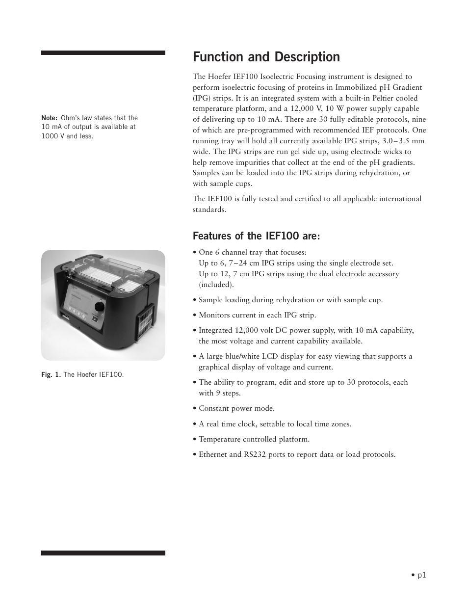 Function and description, Features of the ief100 are | Hoefer IEF100 User Manual | Page 7 / 65