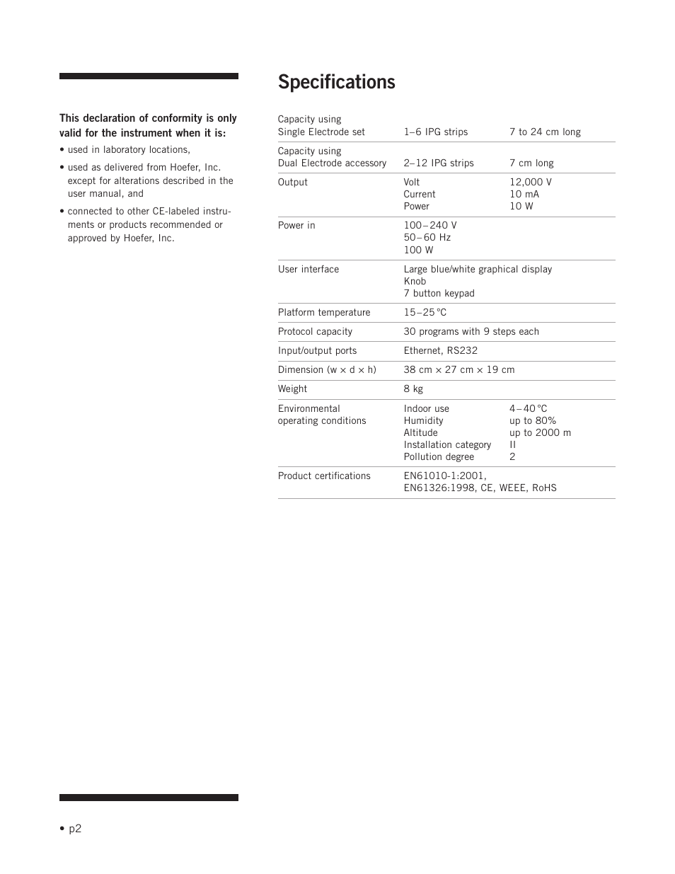 Specifications | Hoefer IEF100 User Manual | Page 8 / 65