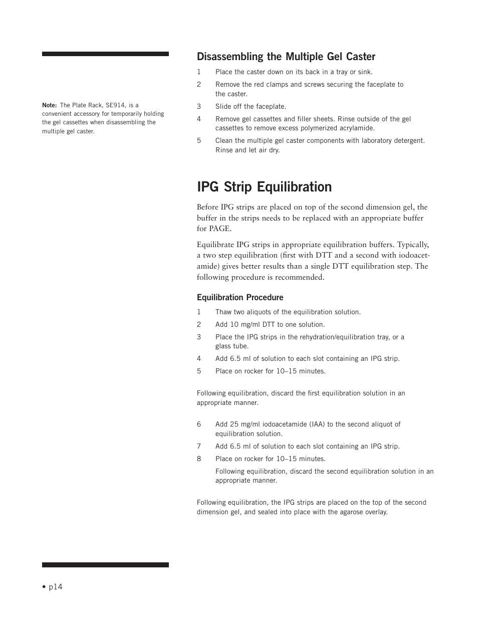 Ipg strip equilibration, Disassembling the multiple gel caster | Hoefer SE900 User Manual | Page 20 / 37