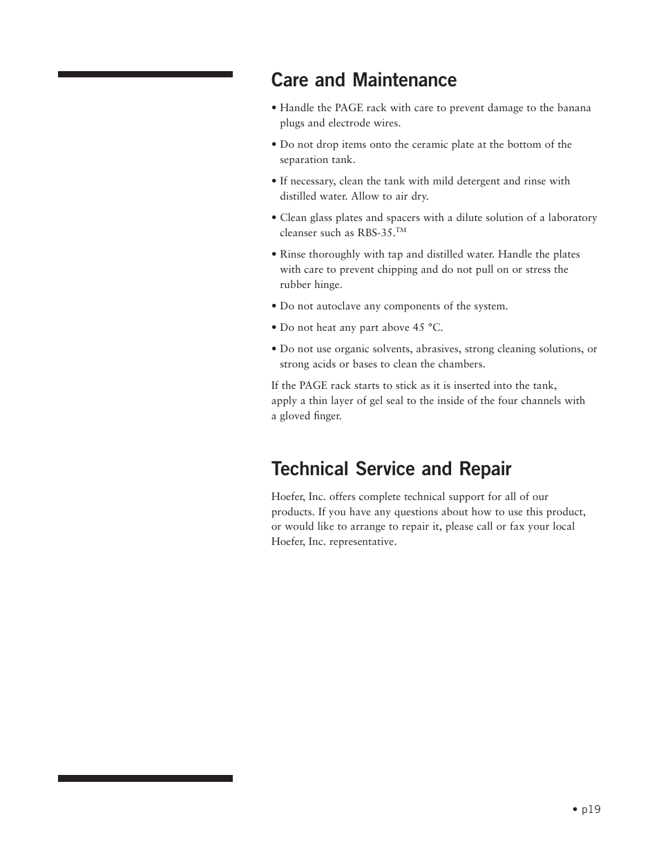 Care and maintenance, Technical service and repair | Hoefer SE900 User Manual | Page 25 / 37