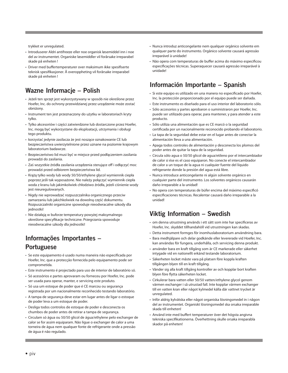 Wazne informacje – polish, Informações importantes – portuguese, Información importante – spanish | Viktig information – swedish | Hoefer SE900 User Manual | Page 5 / 37