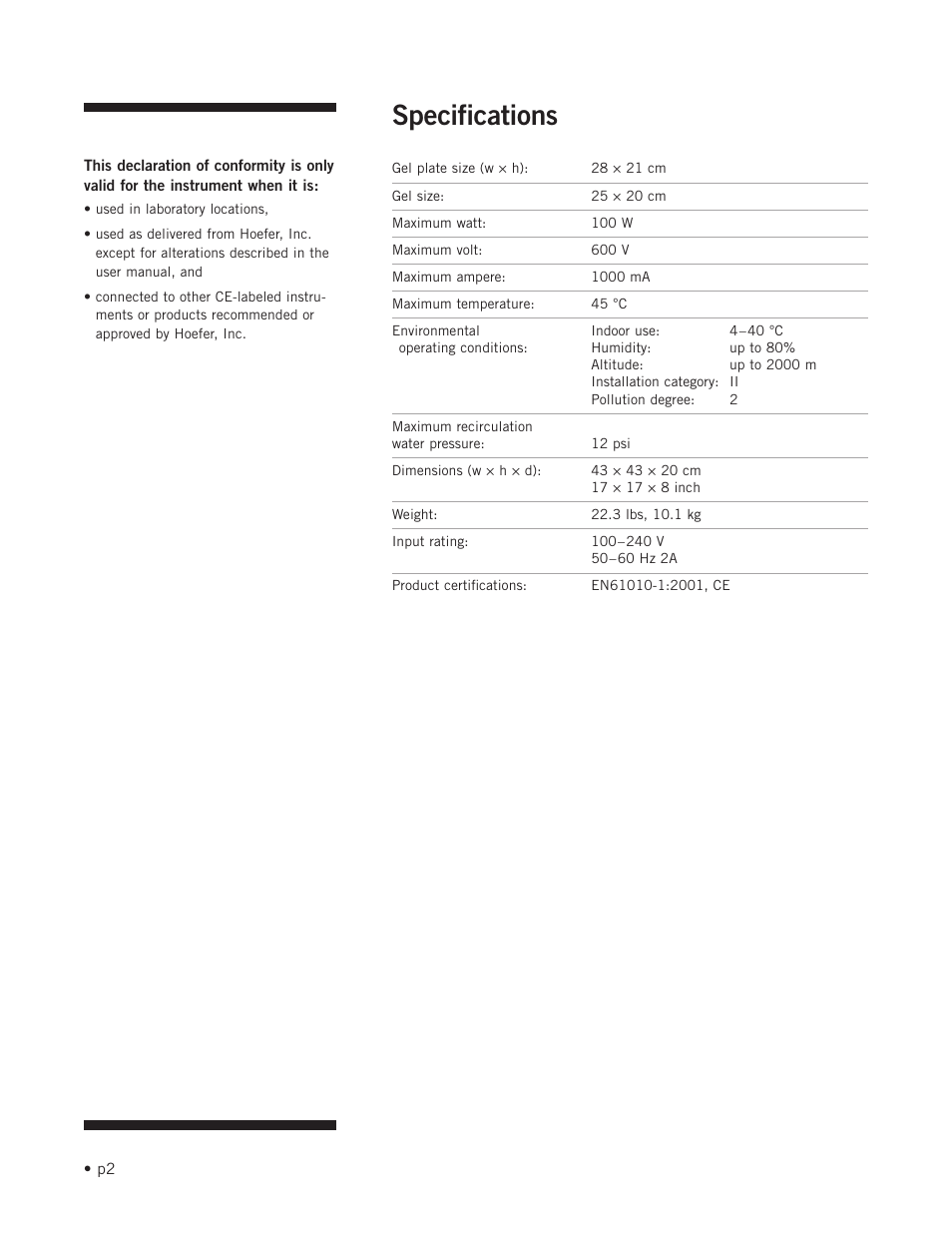 Specifications | Hoefer SE900 User Manual | Page 8 / 37