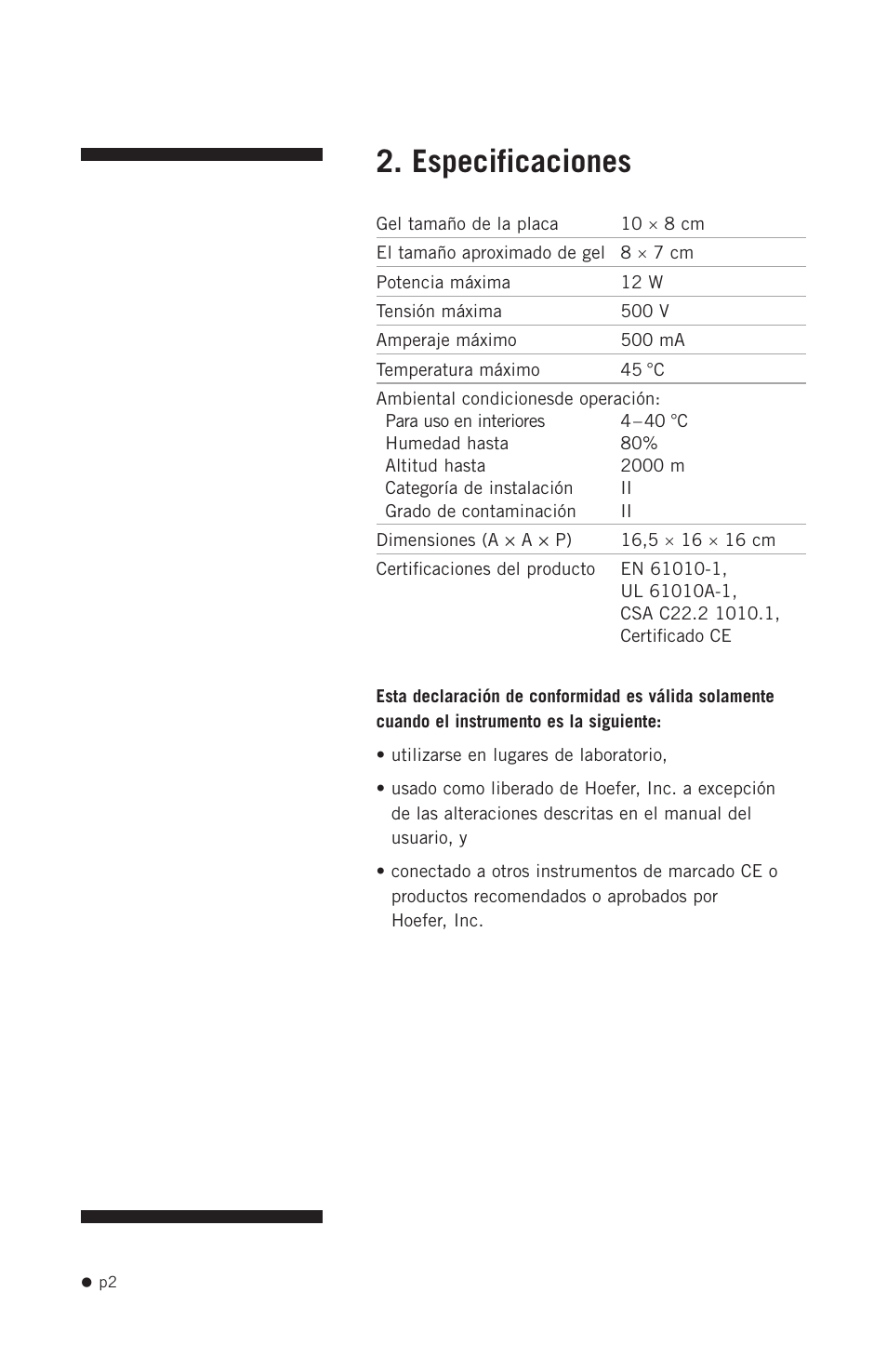 Especificaciones | Hoefer SE250 User Manual | Page 10 / 31