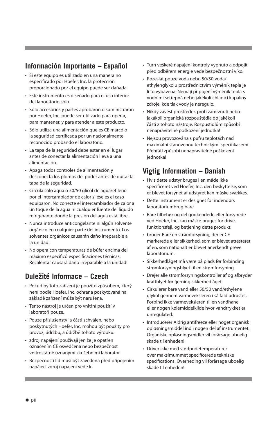 Información importante – español, Duležité informace – czech, Vigtig information – danish | Hoefer SE250 User Manual | Page 3 / 31