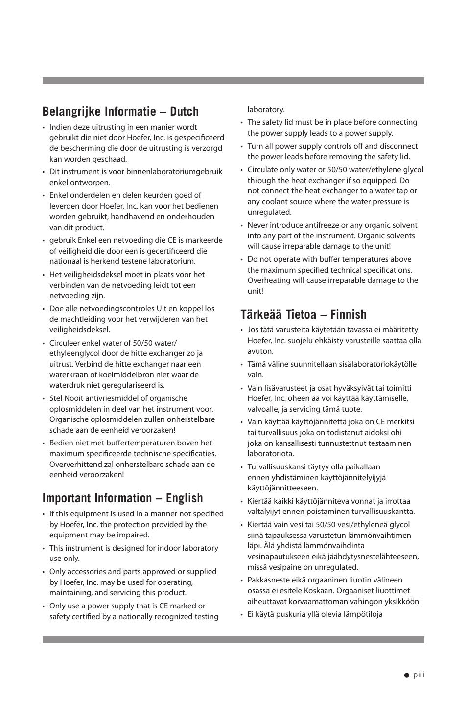 Belangrijke informatie – dutch, Important information – english, Tärkeää tietoa – finnish | Hoefer SE250 User Manual | Page 4 / 31
