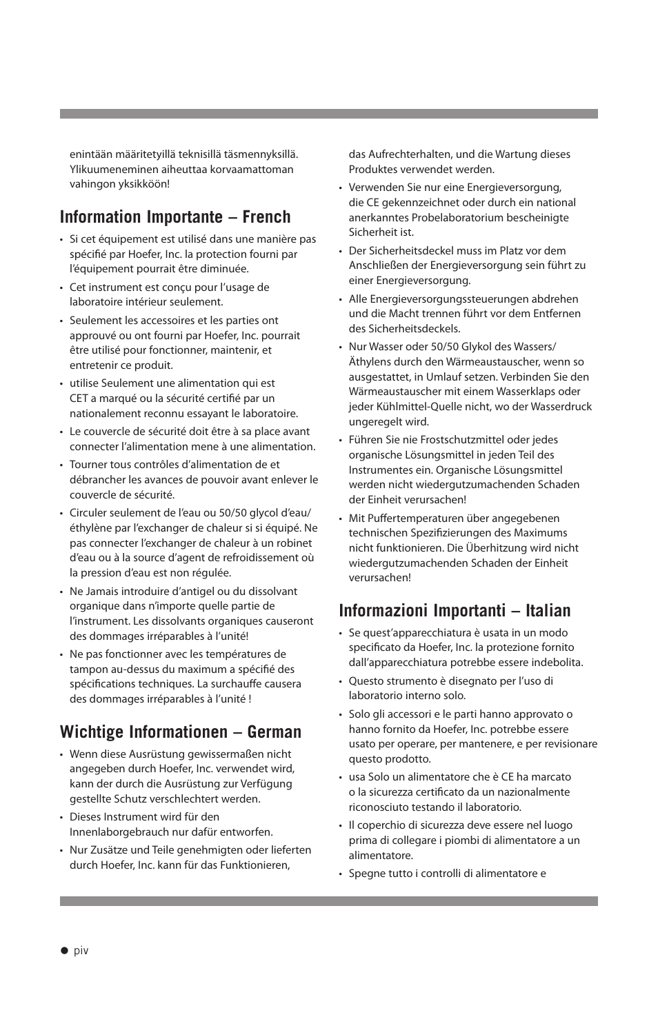 Information importante – french, Wichtige informationen – german, Informazioni importanti – italian | Hoefer SE250 User Manual | Page 5 / 31