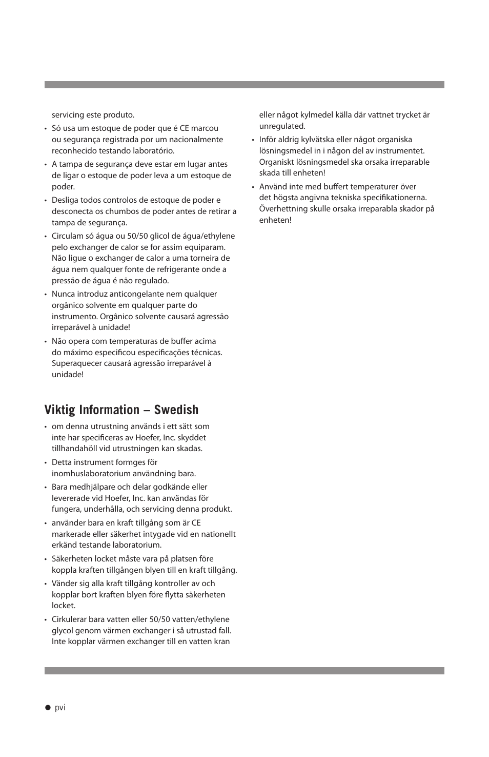 Viktig information – swedish | Hoefer SE250 User Manual | Page 7 / 31