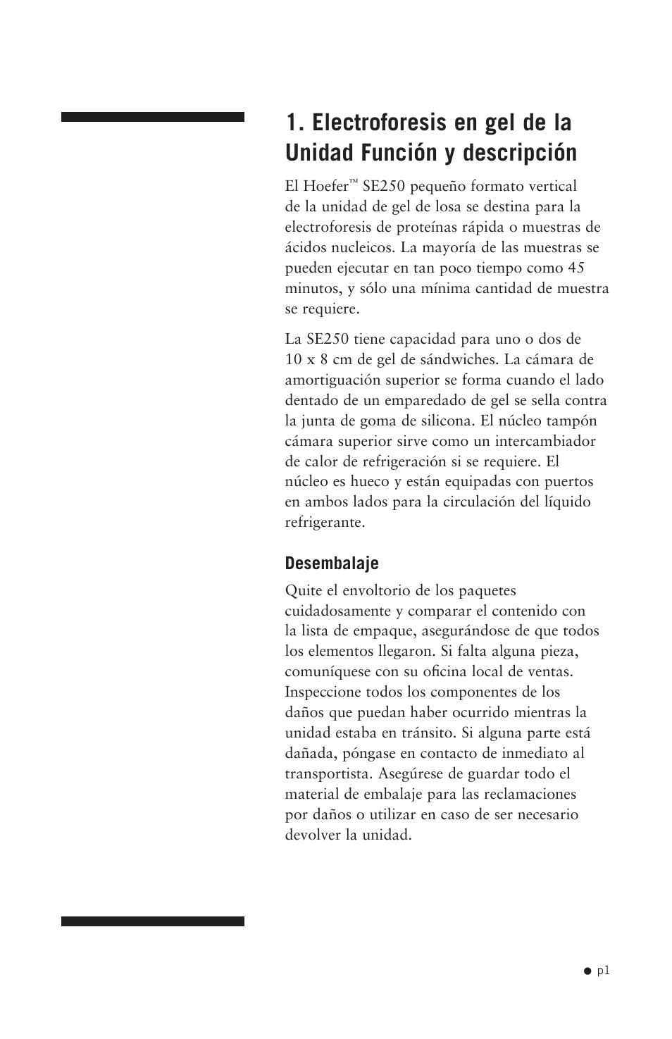 Electroforesis en gel de la unidad función y, Descripción | Hoefer SE250 User Manual | Page 9 / 31