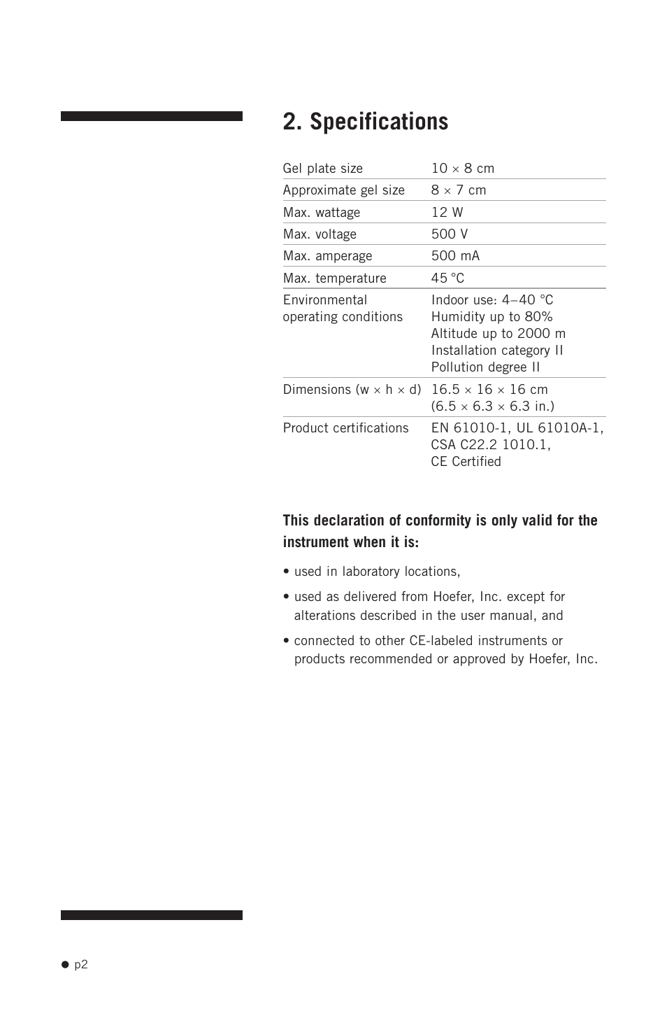 Specifications | Hoefer SE250 User Manual | Page 10 / 31