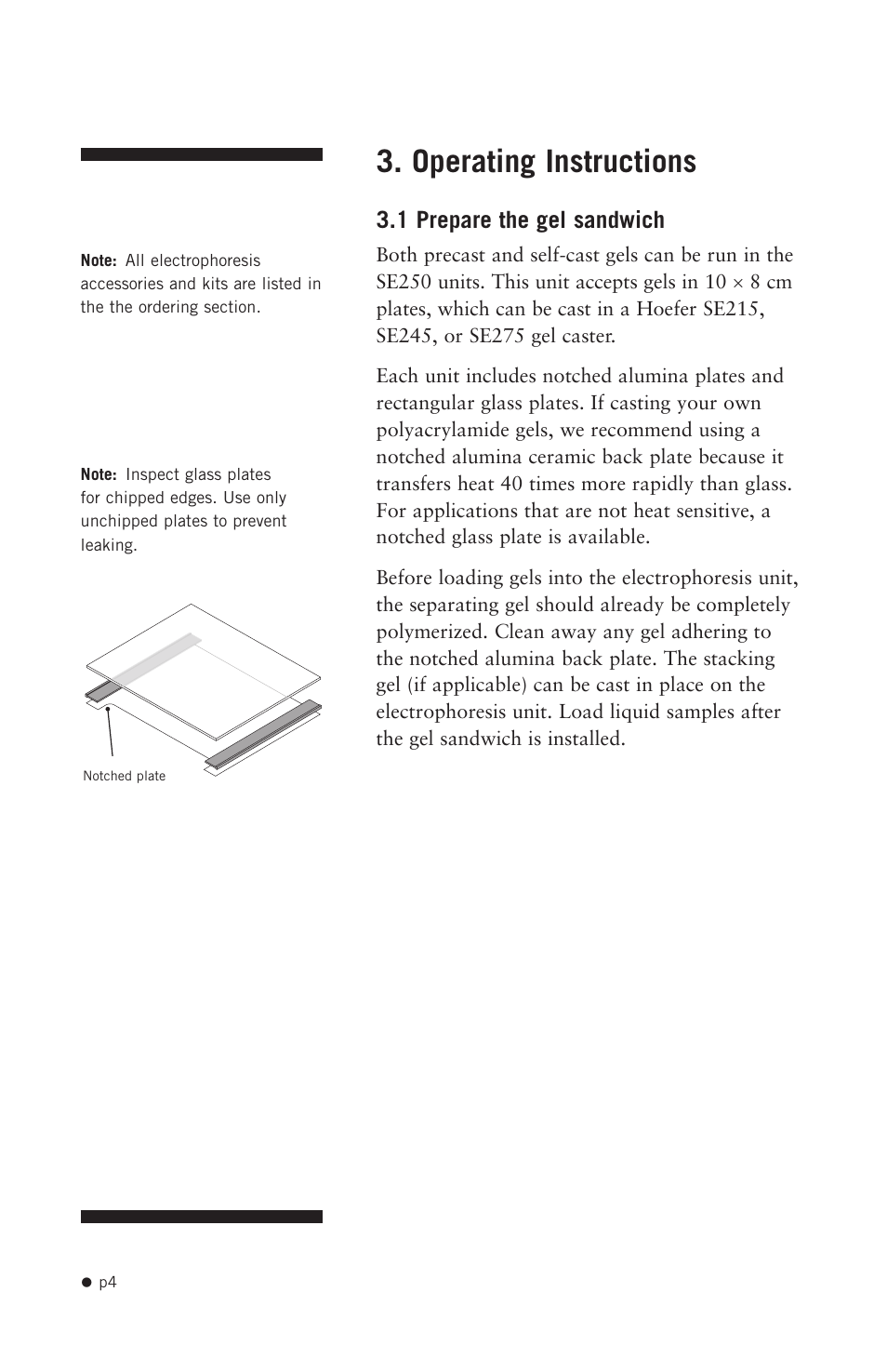 Operating instructions, 1 prepare the gel sandwich | Hoefer SE250 User Manual | Page 12 / 31