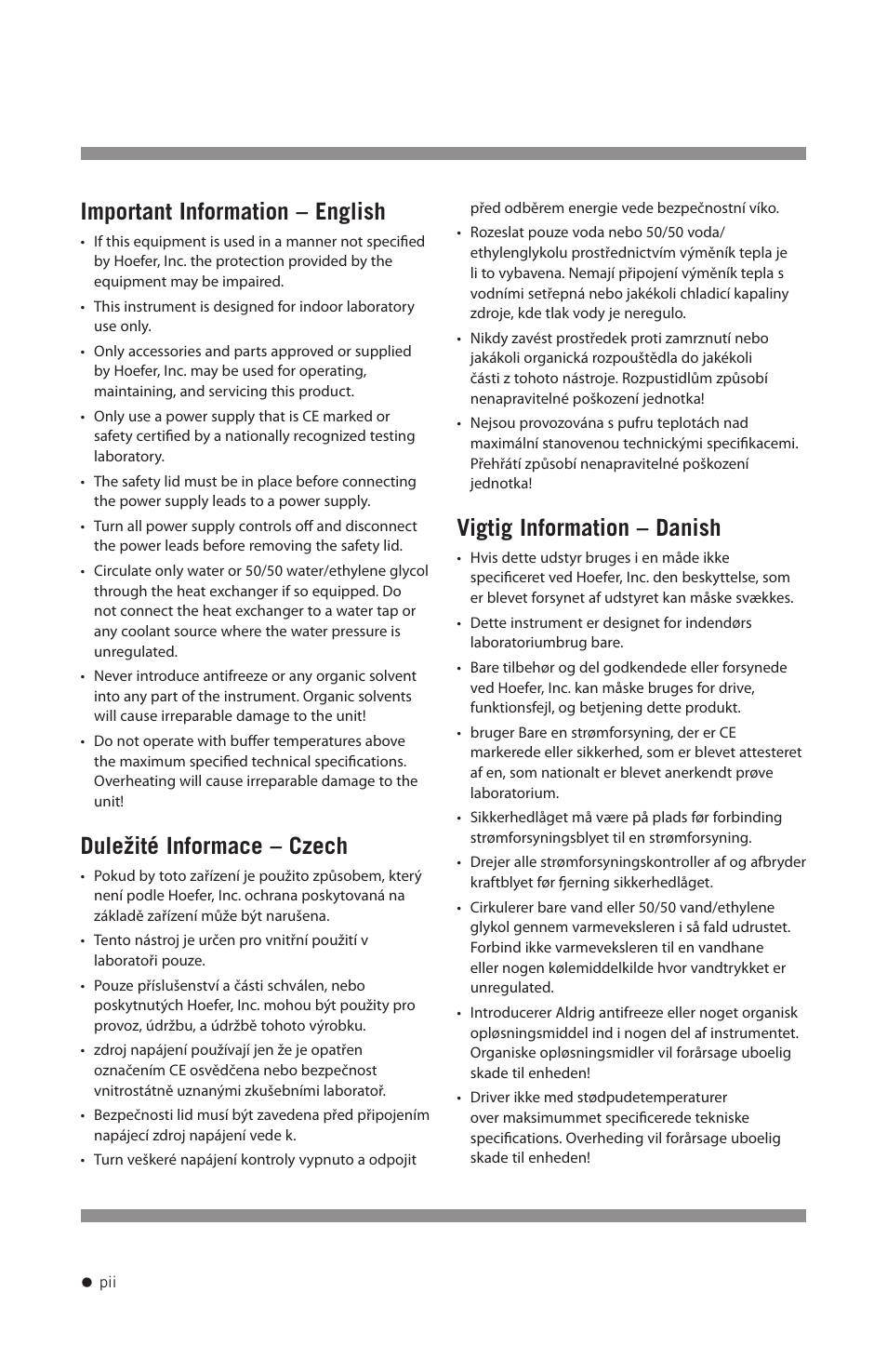 Important information – english, Duležité informace – czech, Vigtig information – danish | Hoefer SE250 User Manual | Page 3 / 31