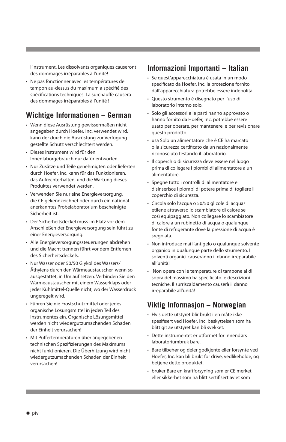 Wichtige informationen – german, Informazioni importanti – italian, Viktig informasjon – norwegian | Hoefer SE250 User Manual | Page 5 / 31