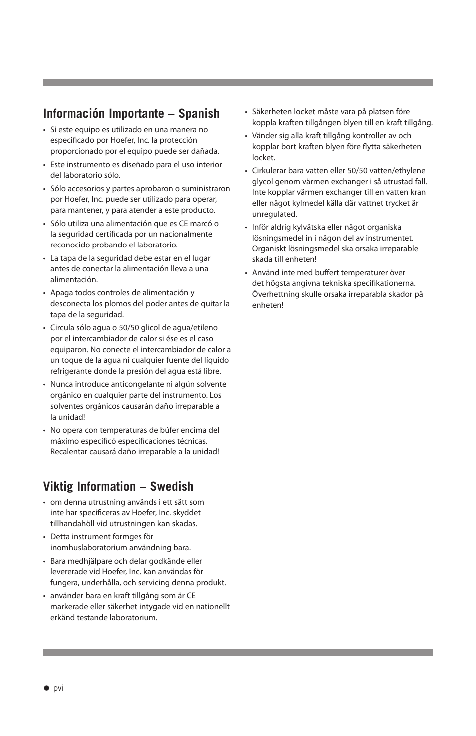 Información importante – spanish, Viktig information – swedish | Hoefer SE250 User Manual | Page 7 / 31