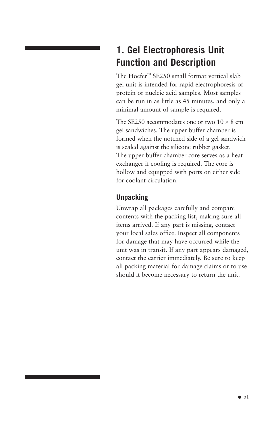 Gel electrophoresis unit function and description, Gel electrophoresis unit, Function and description | Hoefer SE250 User Manual | Page 9 / 31