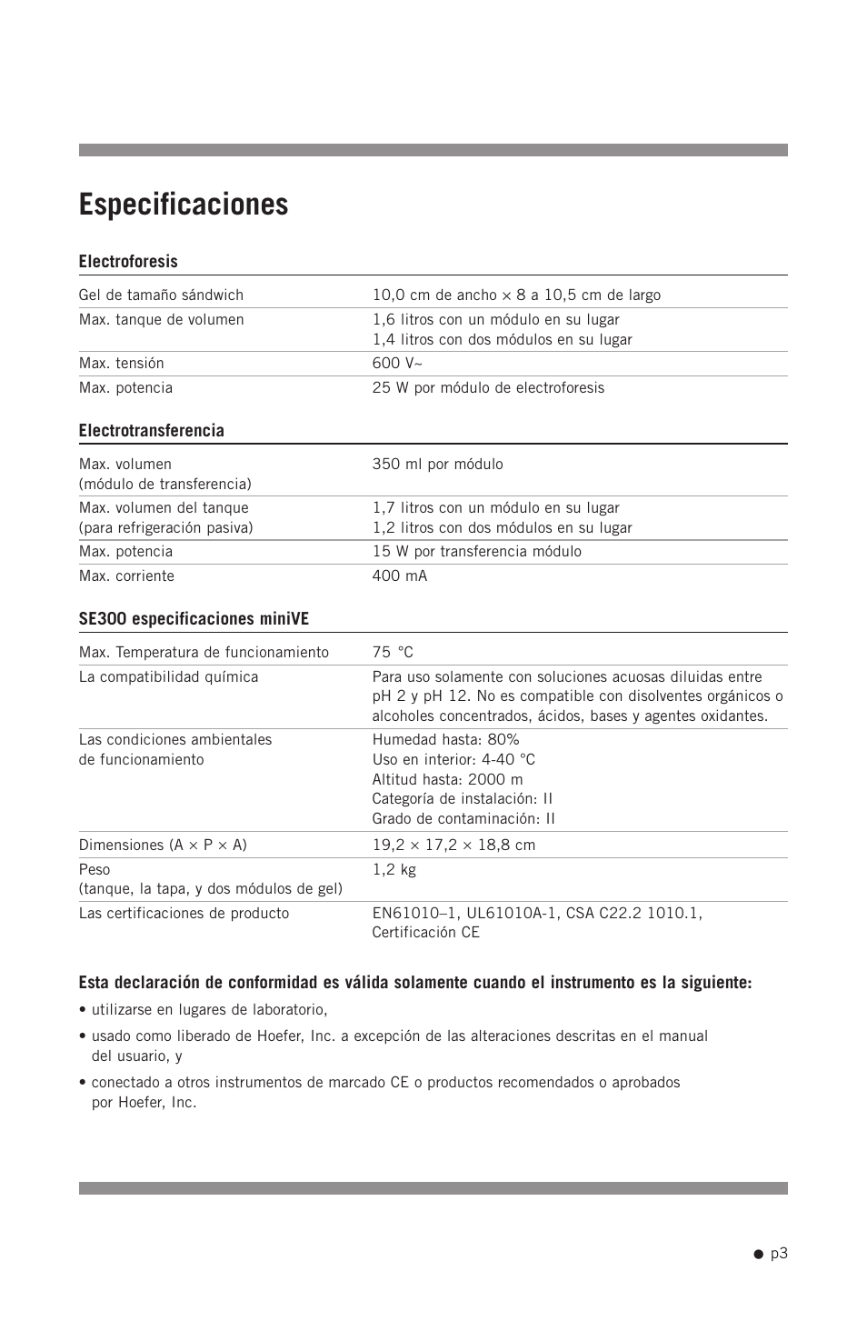 Especificaciones | Hoefer SE300 miniVE User Manual | Page 11 / 37