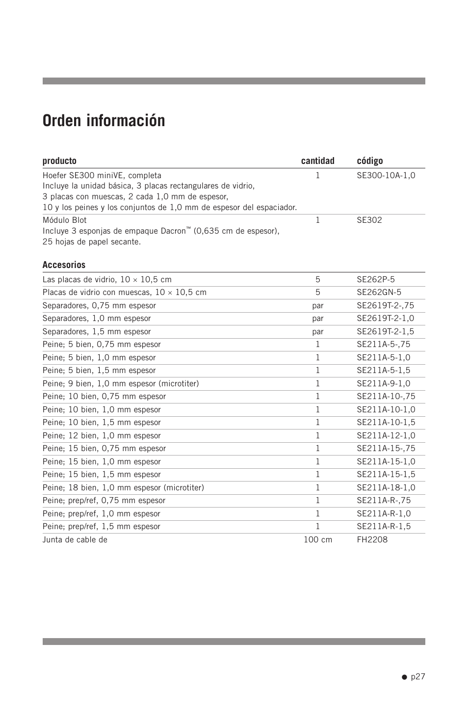 Orden información | Hoefer SE300 miniVE User Manual | Page 35 / 37