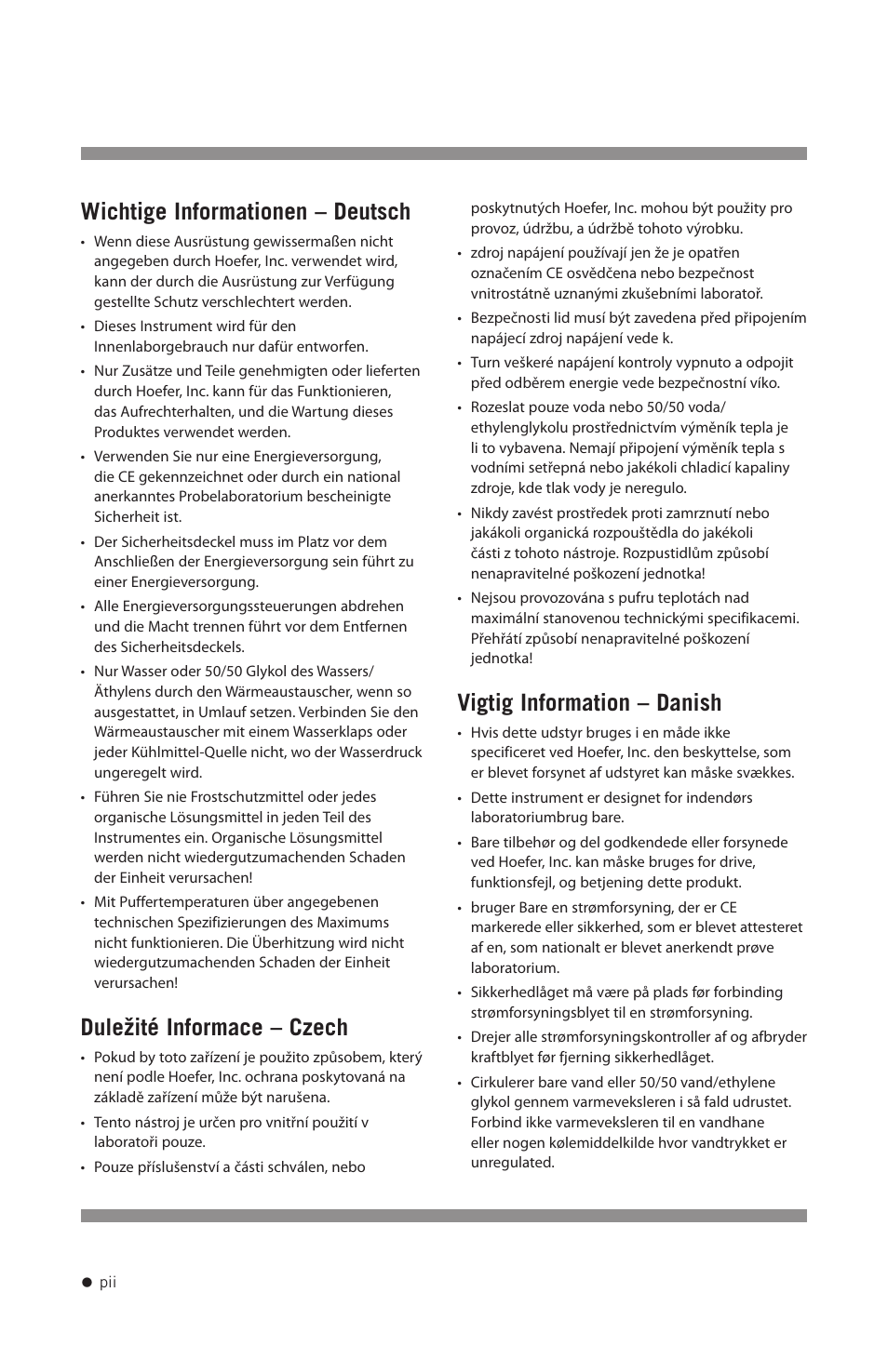 Wichtige informationen – deutsch, Duležité informace – czech, Vigtig information – danish | Hoefer SE300 miniVE User Manual | Page 3 / 37