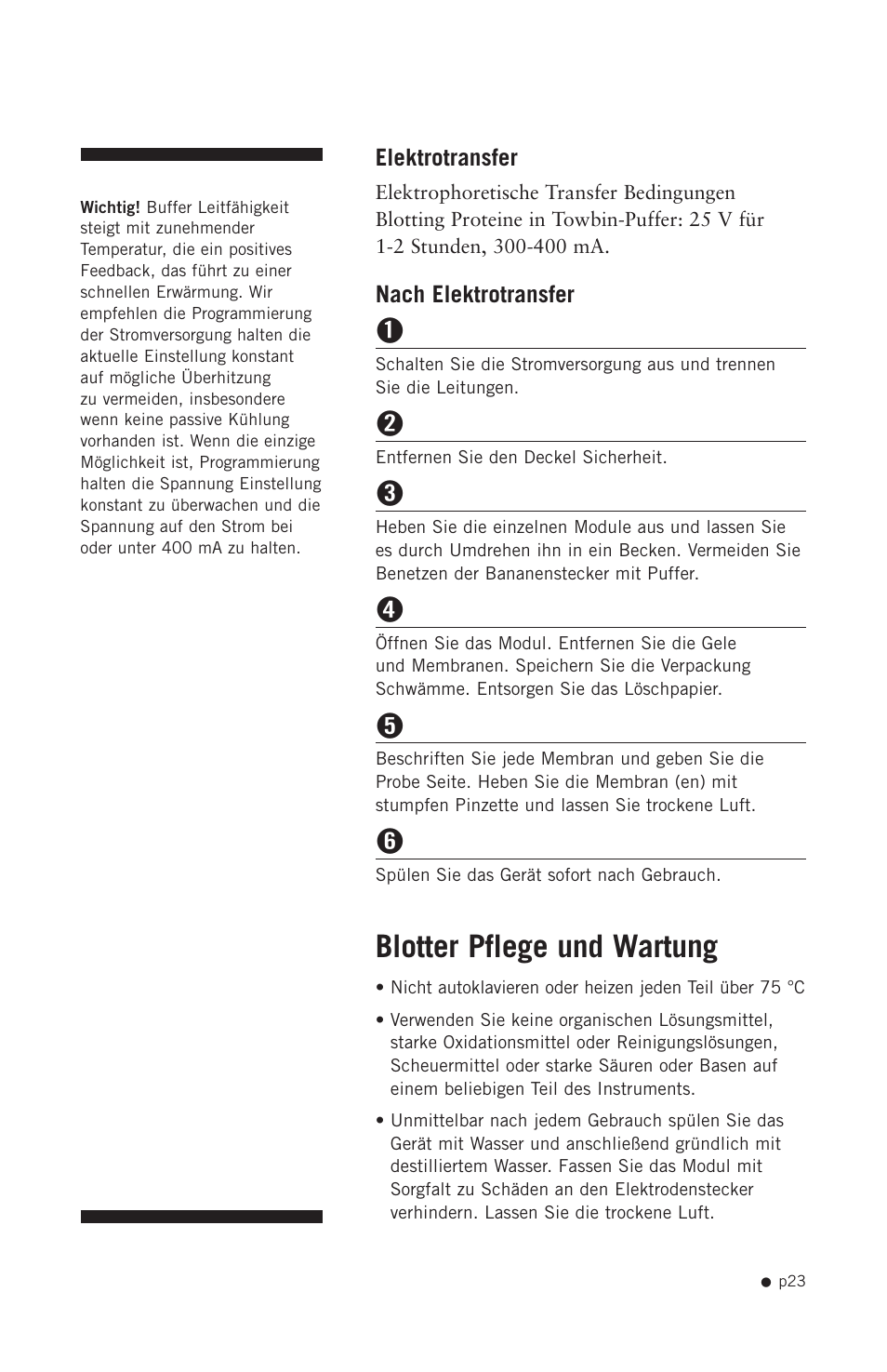 Blotter pflege und wartung | Hoefer SE300 miniVE User Manual | Page 31 / 37