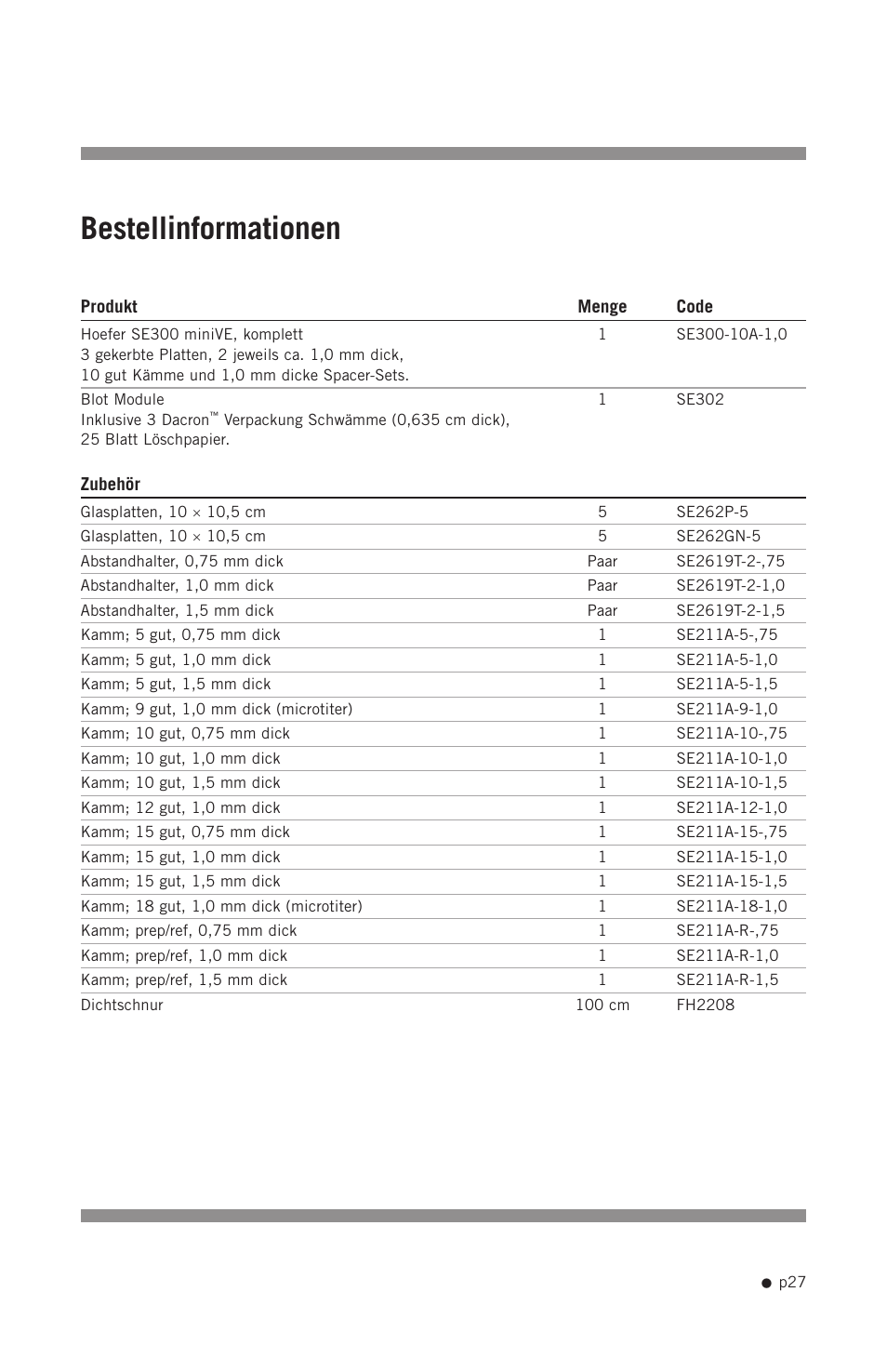 Bestellinformationen | Hoefer SE300 miniVE User Manual | Page 35 / 37