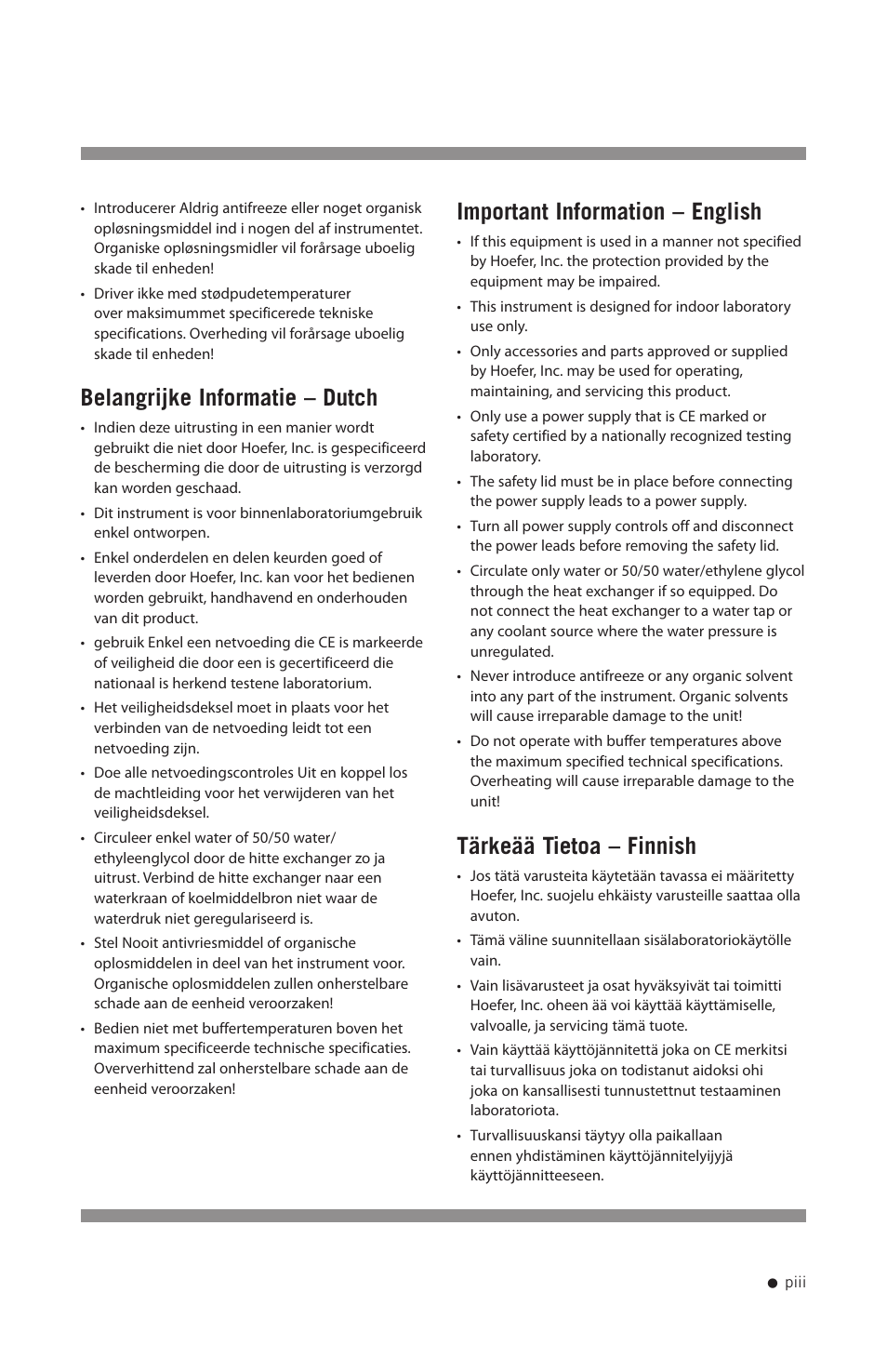 Belangrijke informatie – dutch, Important information – english, Tärkeää tietoa – finnish | Hoefer SE300 miniVE User Manual | Page 4 / 37