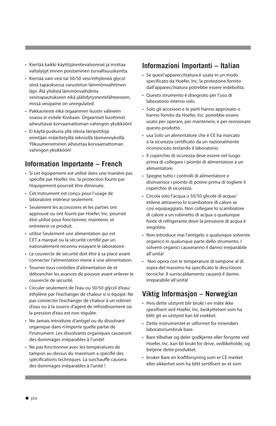 Information importante – french, Informazioni importanti – italian, Viktig informasjon – norwegian | Hoefer SE300 miniVE User Manual | Page 5 / 37