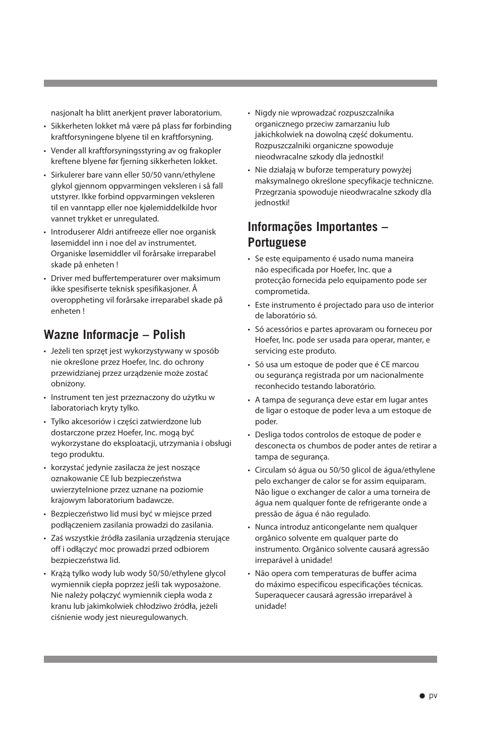 Wazne informacje – polish, Informações importantes – portuguese | Hoefer SE300 miniVE User Manual | Page 6 / 37