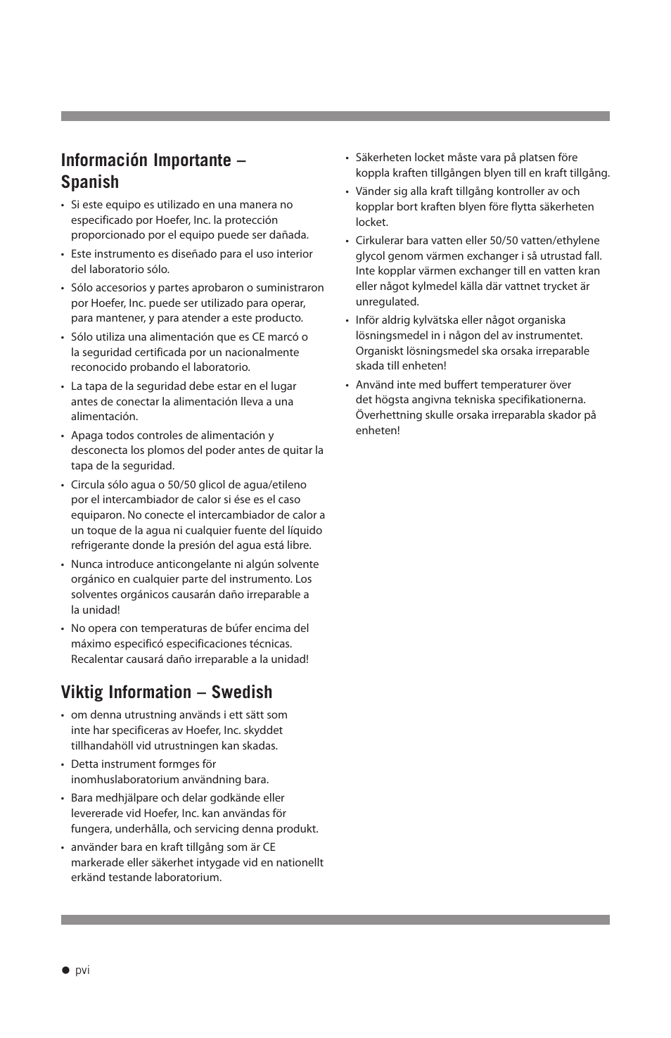 Información importante – spanish, Viktig information – swedish | Hoefer SE300 miniVE User Manual | Page 7 / 37