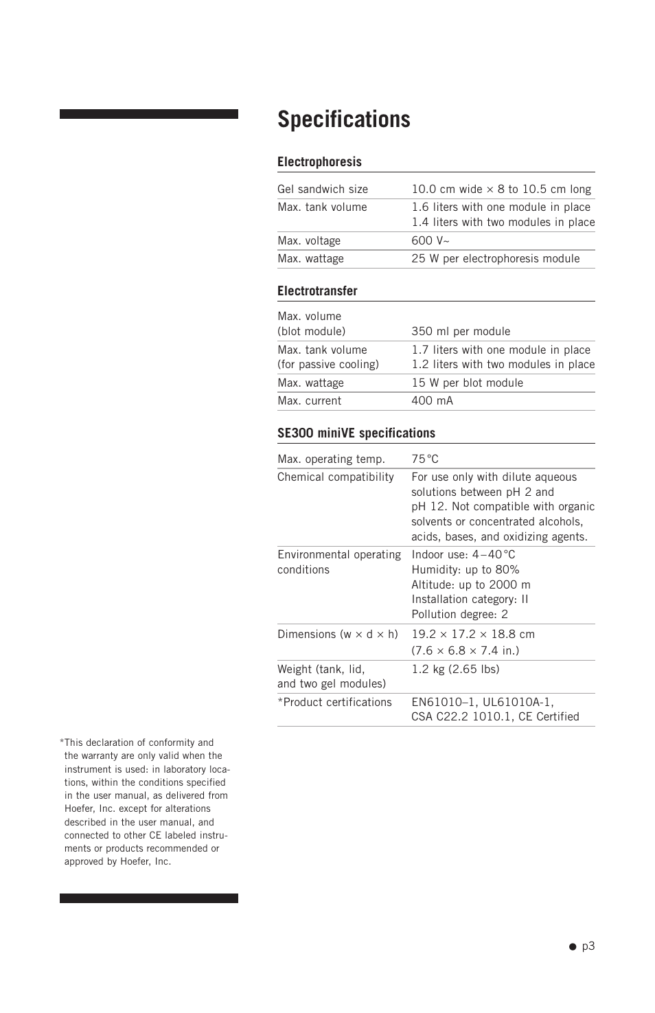 Specifications | Hoefer SE300 miniVE User Manual | Page 11 / 37