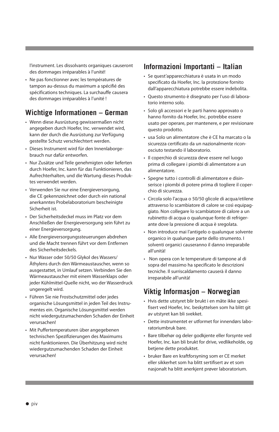 Wichtige informationen – german, Informazioni importanti – italian, Viktig informasjon – norwegian | Hoefer SE300 miniVE User Manual | Page 5 / 37