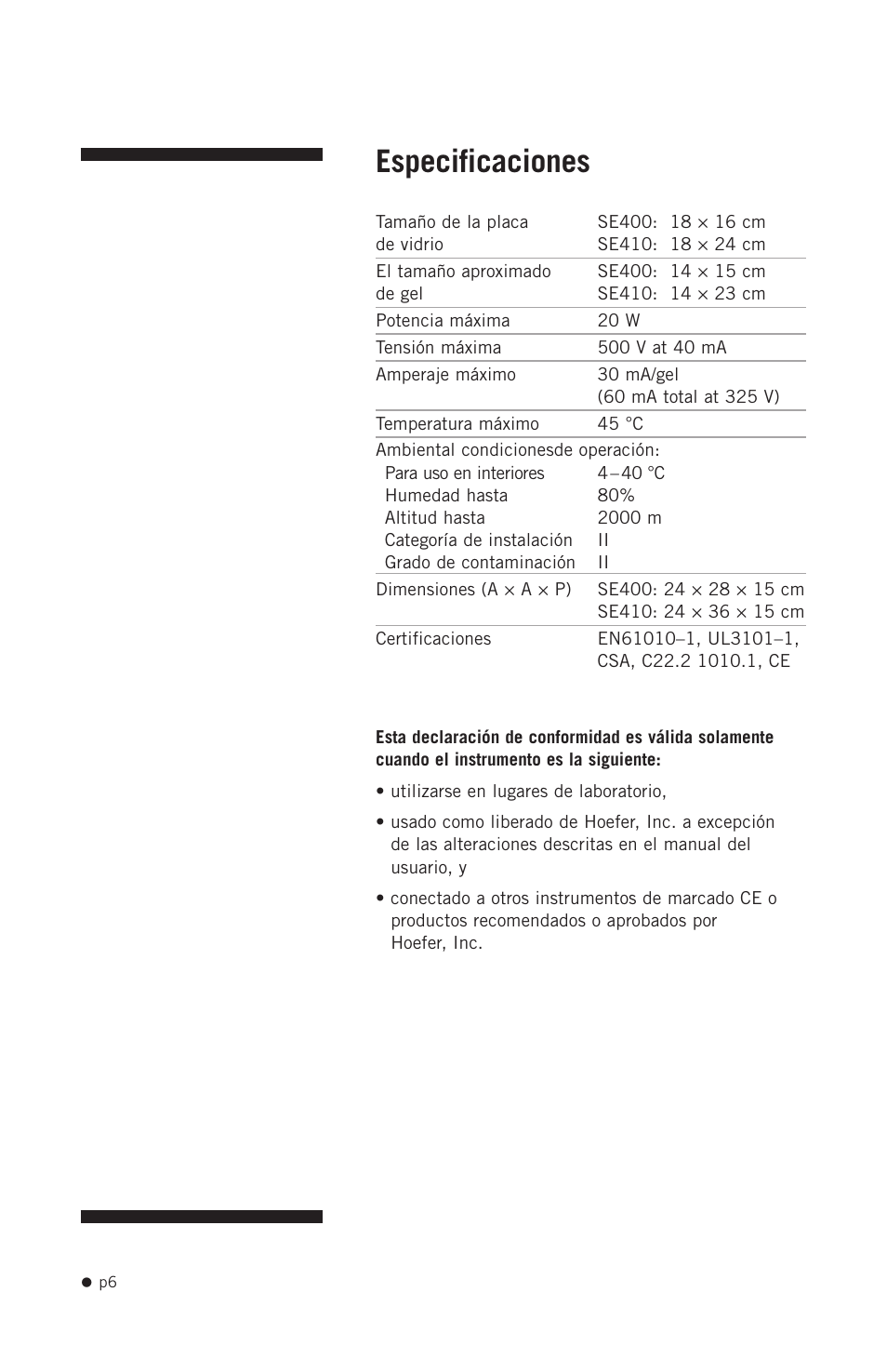 Especificaciones | Hoefer SE400 User Manual | Page 14 / 51