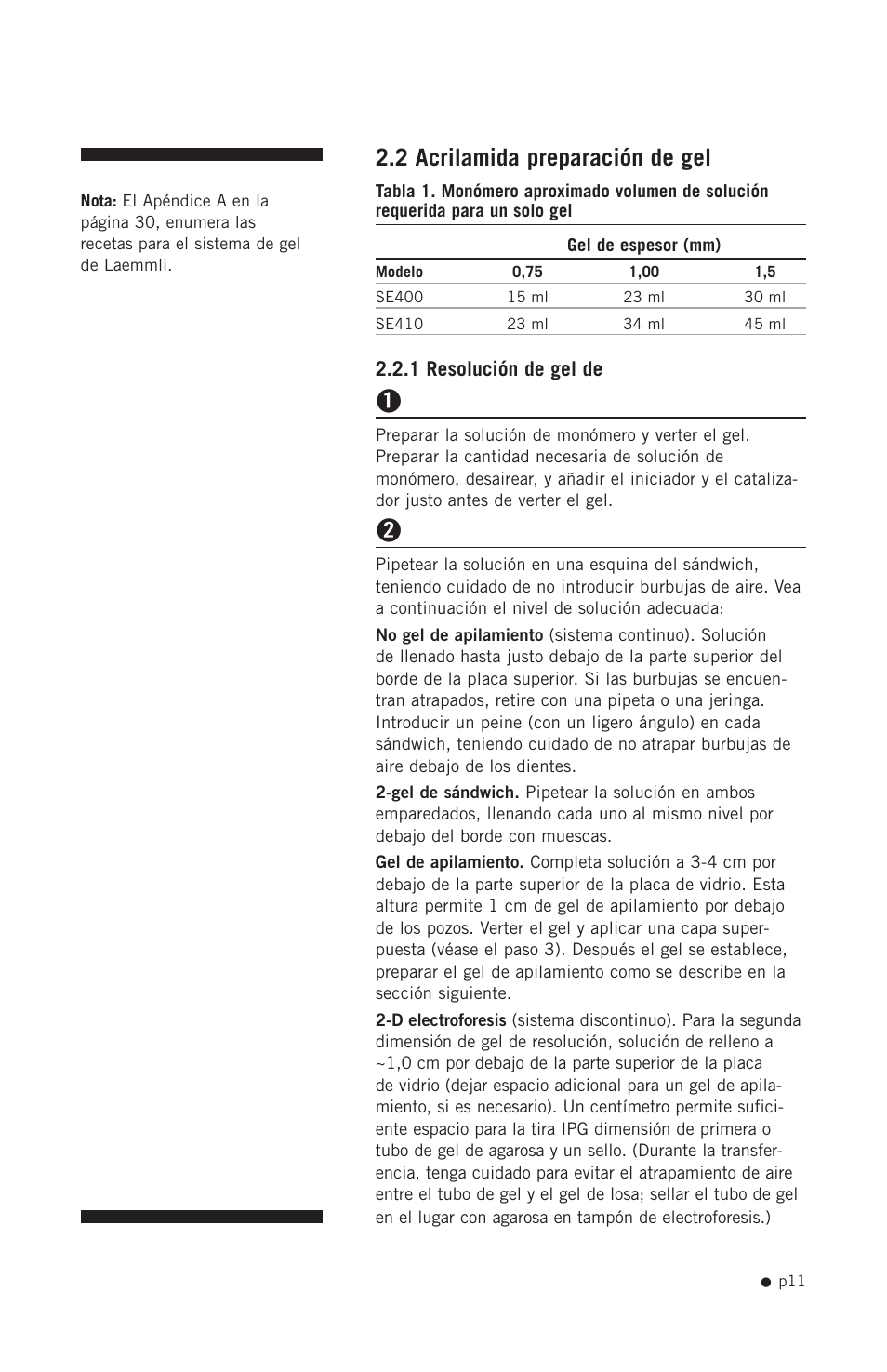 2 acrilamida preparación de gel | Hoefer SE400 User Manual | Page 19 / 51