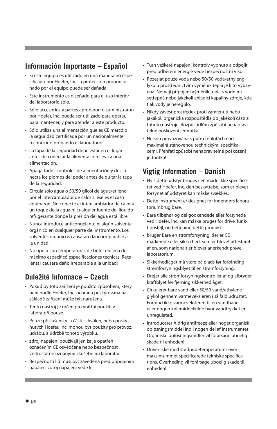 Información importante – español, Duležité informace – czech, Vigtig information – danish | Hoefer SE400 User Manual | Page 3 / 51