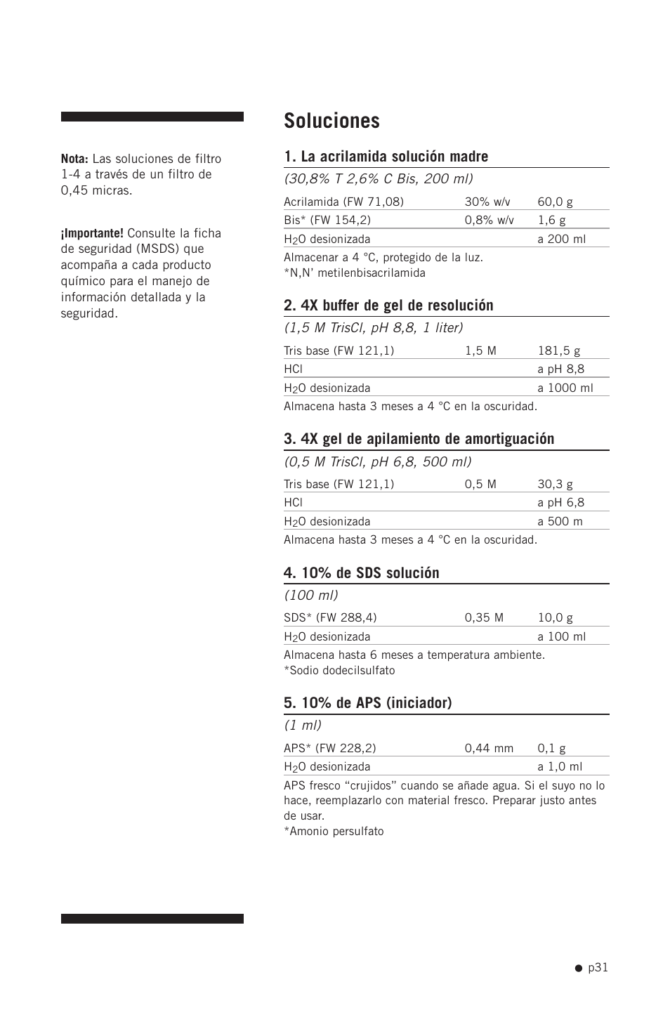 Soluciones, La acrilamida solución madre, 4x buffer de gel de resolución | 4x gel de apilamiento de amortiguación, 10% de sds solución, 10% de aps (iniciador) | Hoefer SE400 User Manual | Page 39 / 51