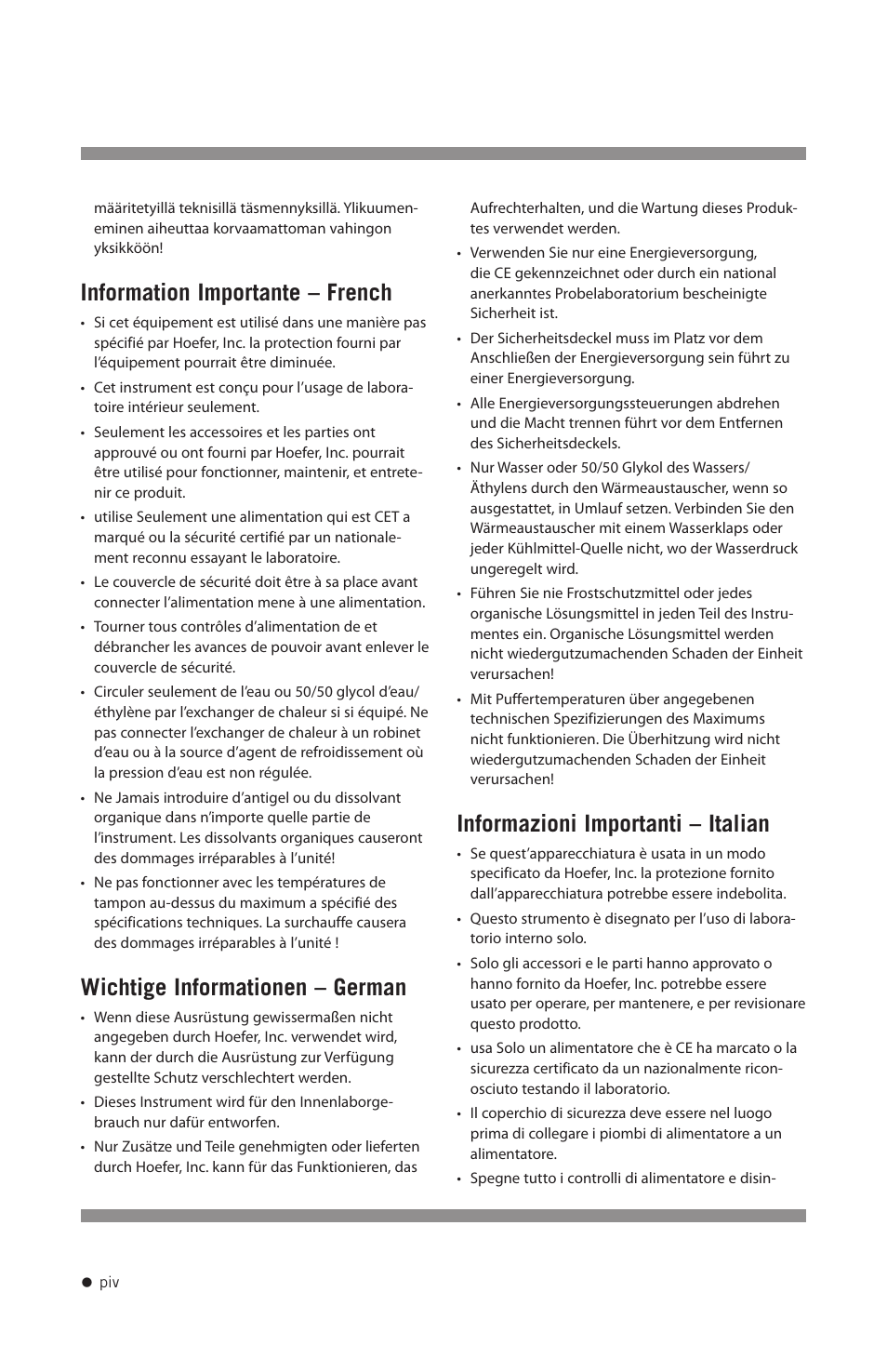 Information importante – french, Wichtige informationen – german, Informazioni importanti – italian | Hoefer SE400 User Manual | Page 5 / 51