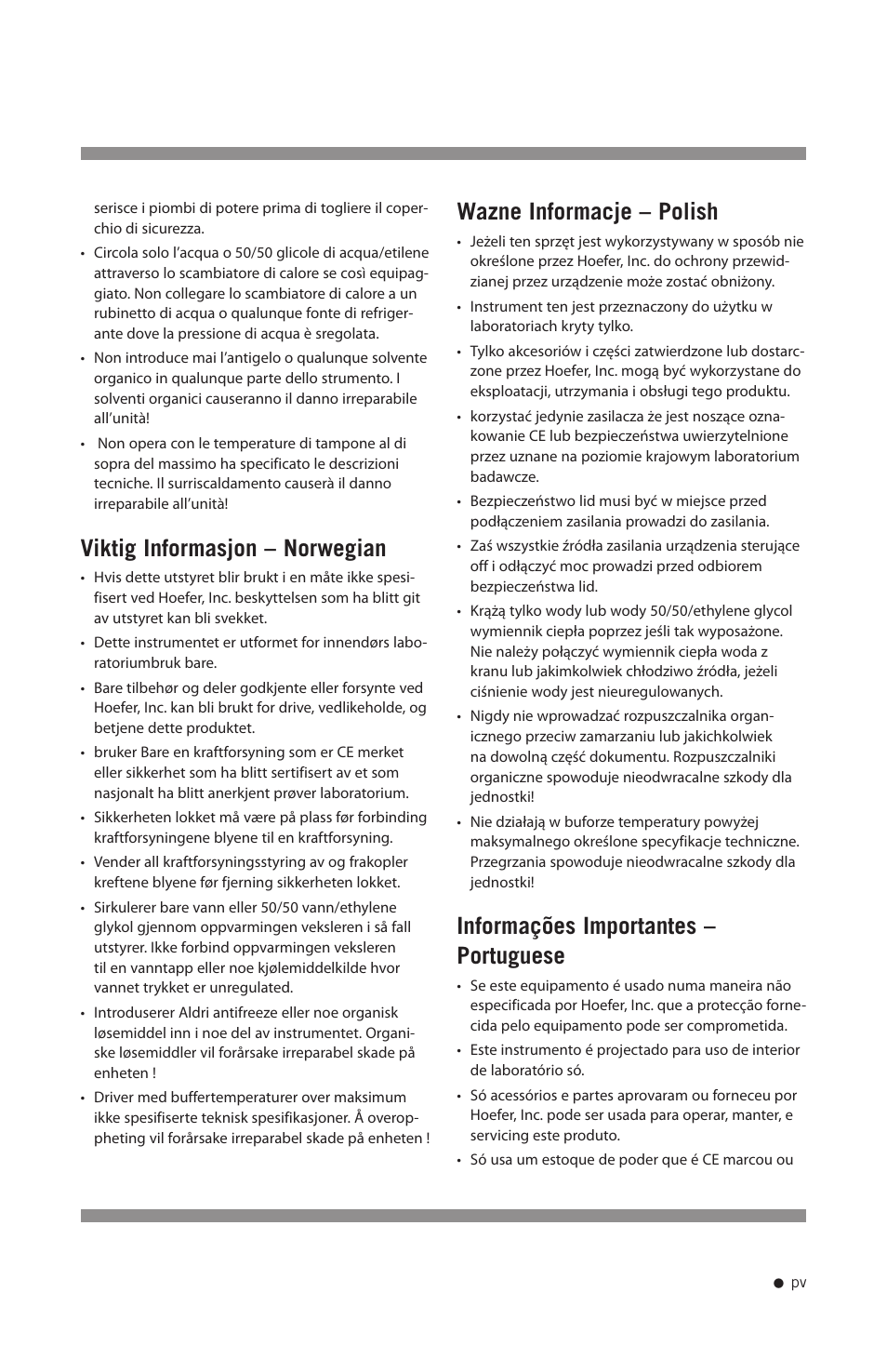 Viktig informasjon – norwegian, Wazne informacje – polish, Informações importantes – portuguese | Hoefer SE400 User Manual | Page 6 / 51