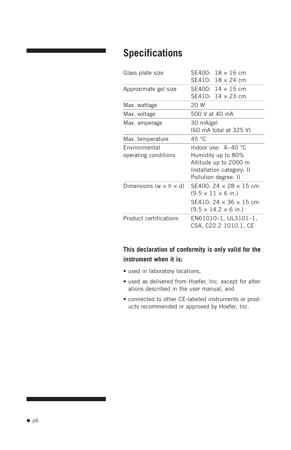 Specifications | Hoefer SE400 User Manual | Page 14 / 50