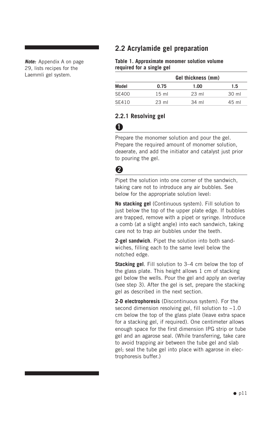 2 acrylamide gel preparation | Hoefer SE400 User Manual | Page 19 / 50